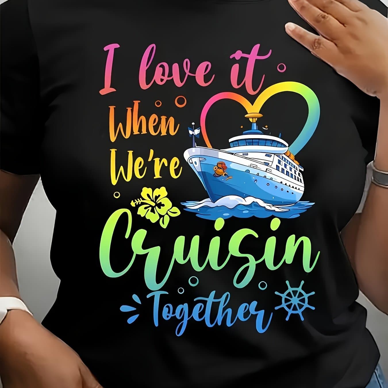 TEMU Colorful "i When '" Graphic Tee - Soft, Breathable Round Neck T-shirt With Vibrant Cruise Ship & , Short Sleeves, Machine Washable - Perfect Casual Summer Top
