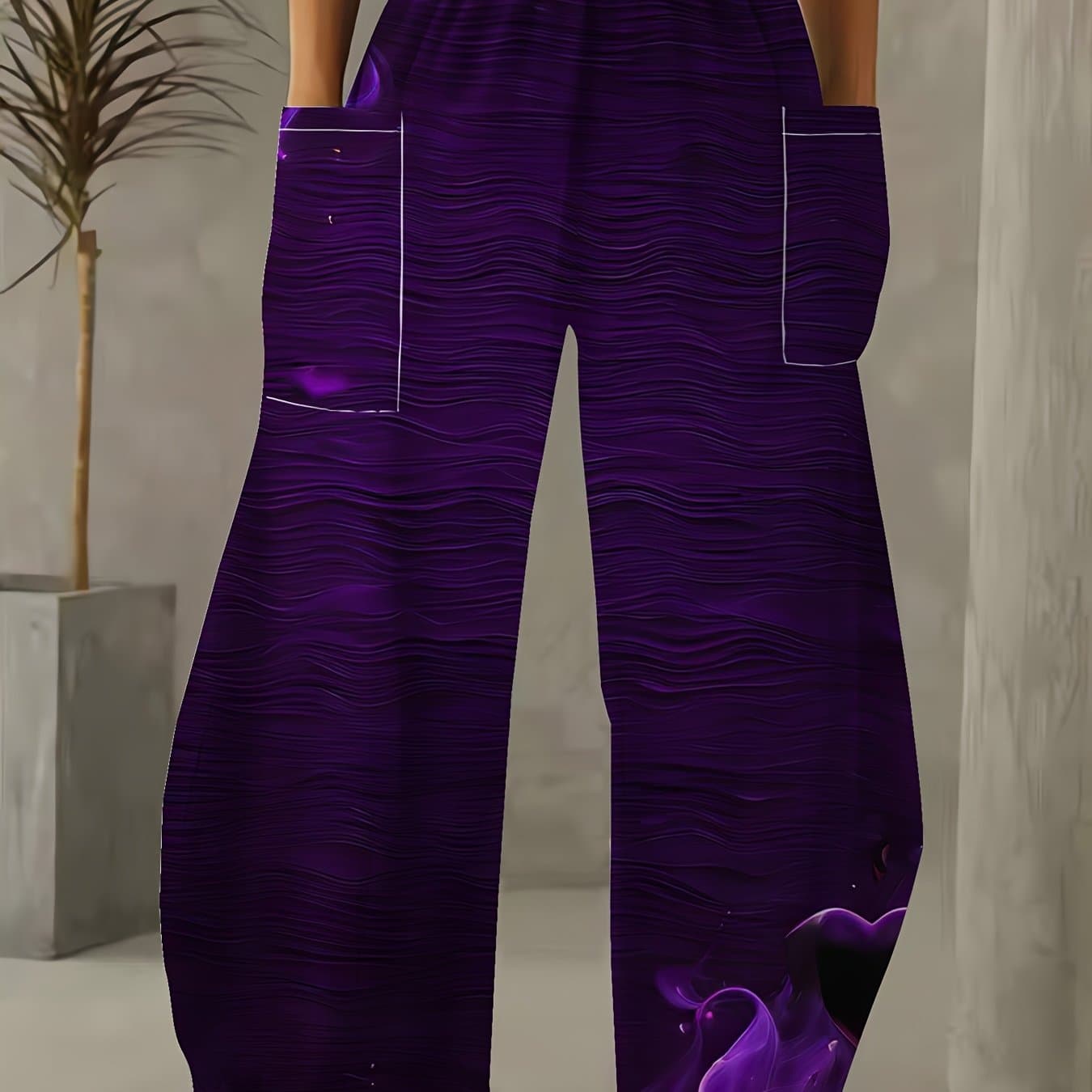 TEMU Plus Size - Plus Size - Plus-size Wide-leg Pants With Pockets Feature A Comfortable Elastic Waistband Design. The Pants Are Printed With A Water Ripple Pattern. The Overall Easy And