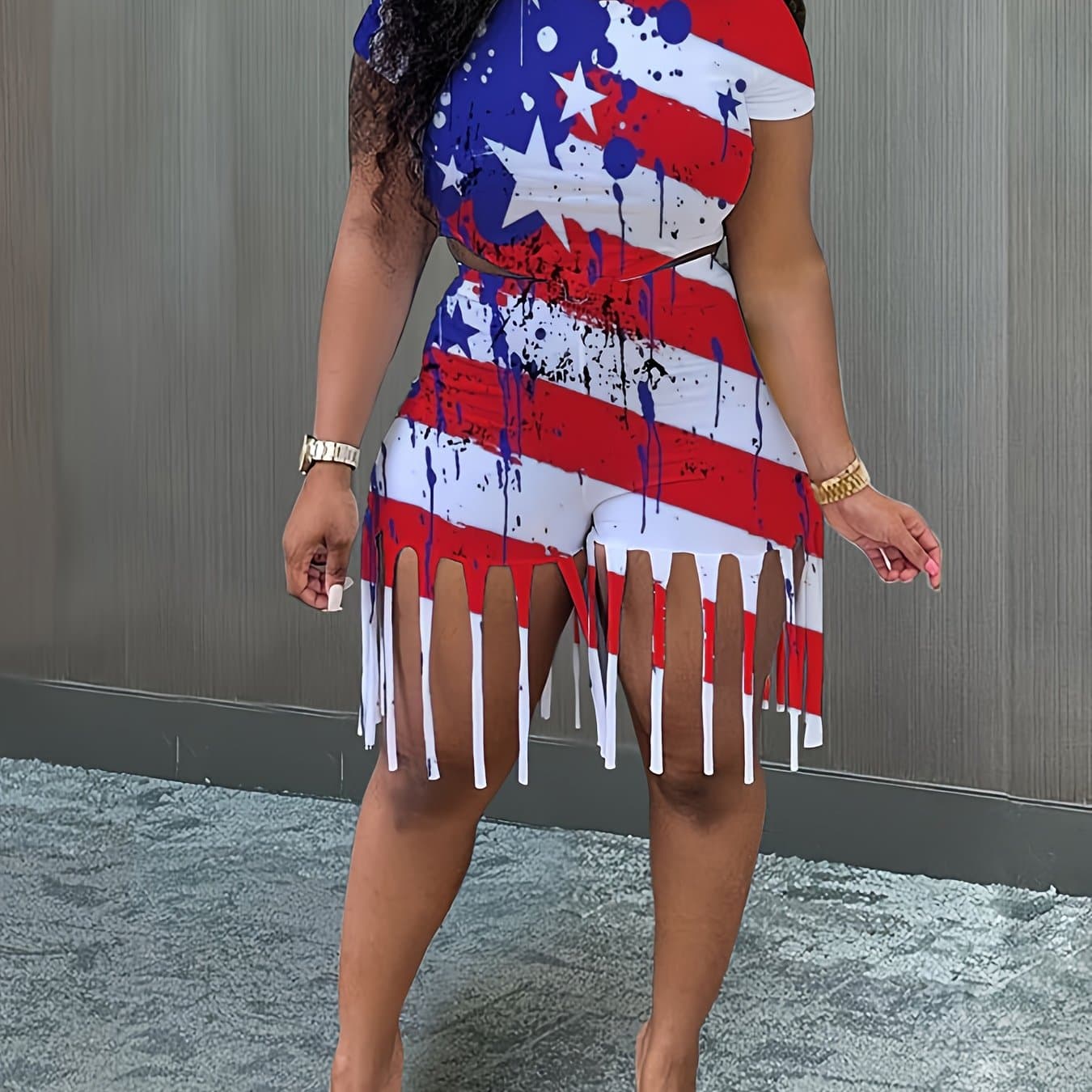 TEMU Women'-piece Set Featuring A Flag Print T-shirt And Tassel Pants For American Day