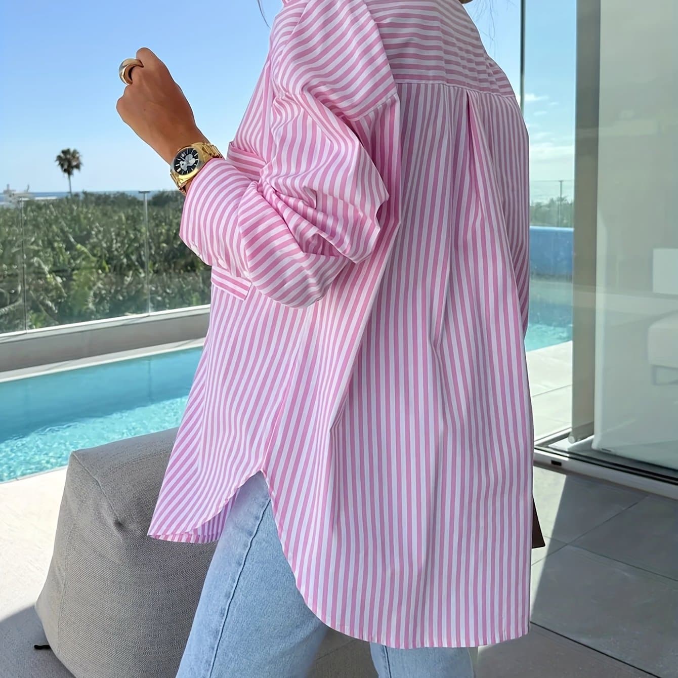 TEMU Plus Size, Plus Size- Plus Size- Plus Size Casual Vacation Loose Fit Striped Shirt