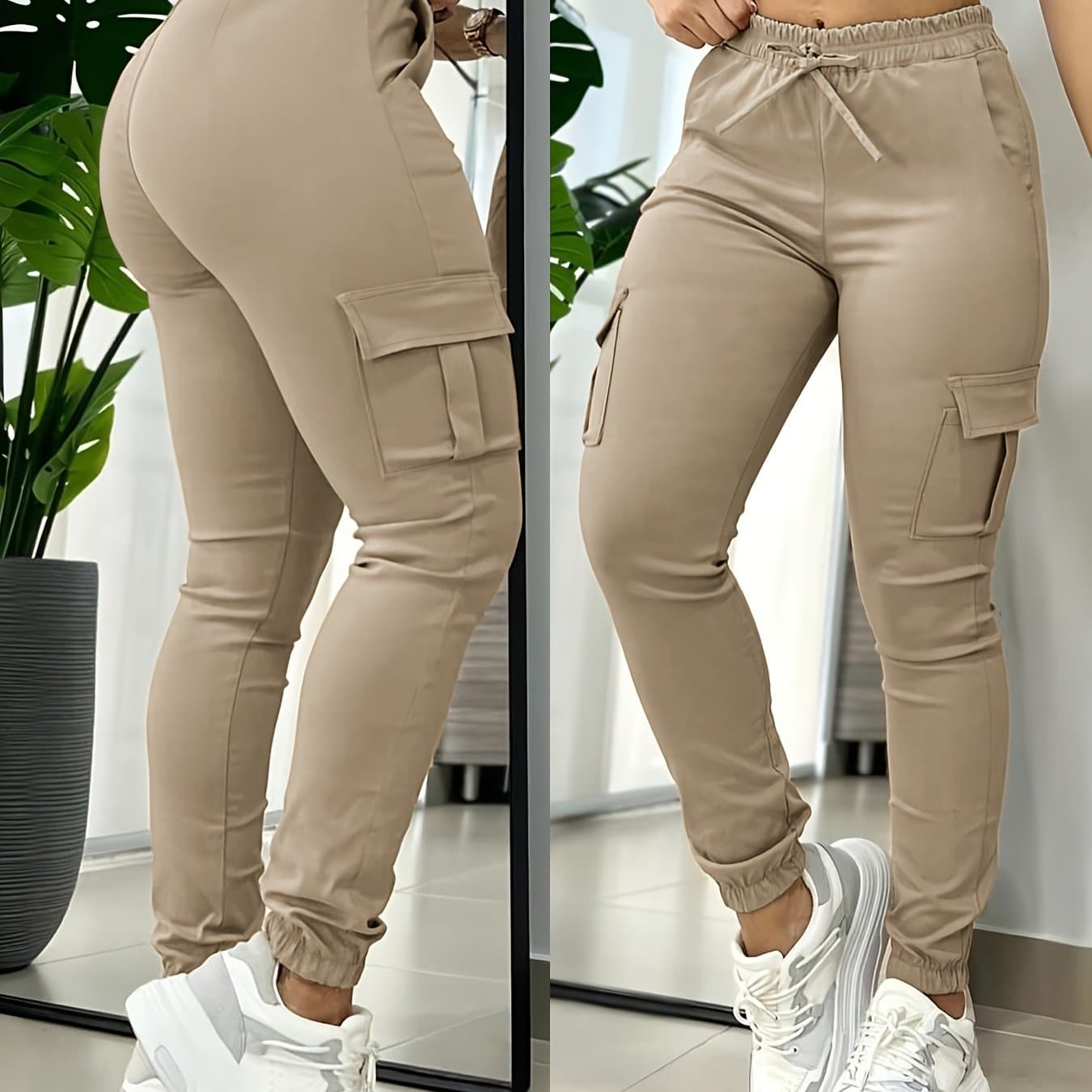 TEMU Fashionable Women's Long Pants With -lifting And Leg- Effect, Solid Color, Multi-pocket, Elastic Waistband, Drawstring, And Legs