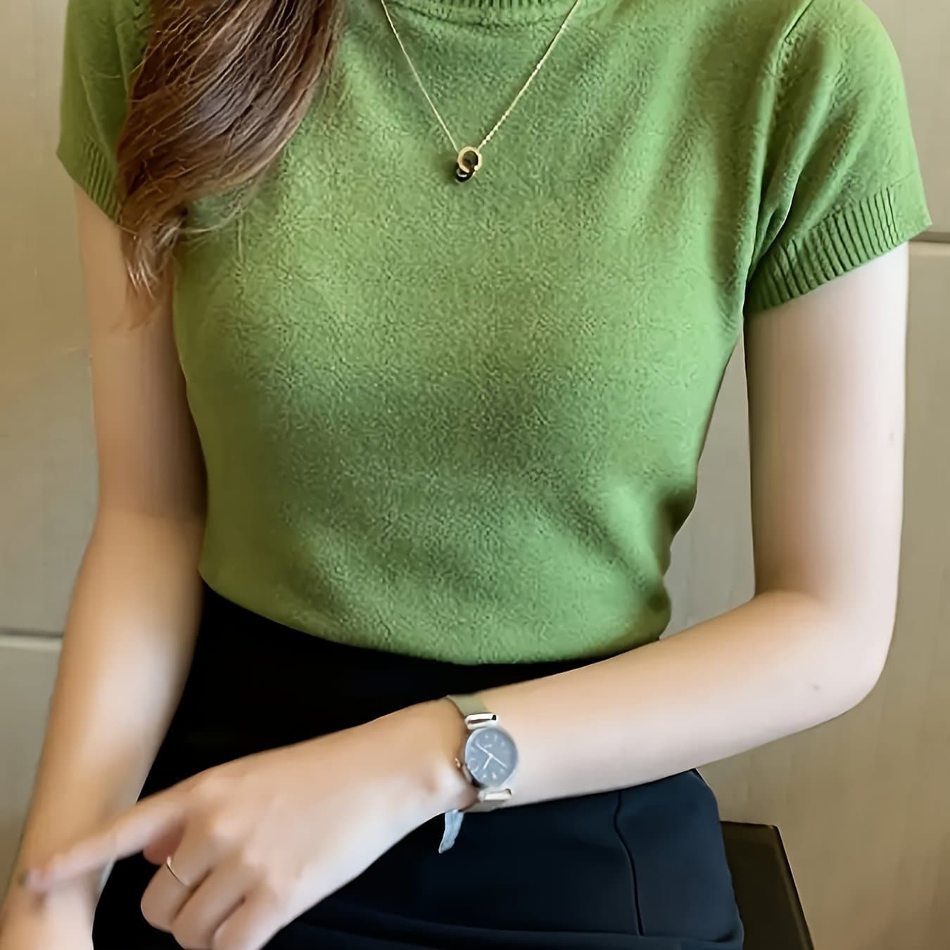 TEMU Women's Spring/summer Versatile Semi-high Neck Short Sleeve Slim Fit Cropped Top