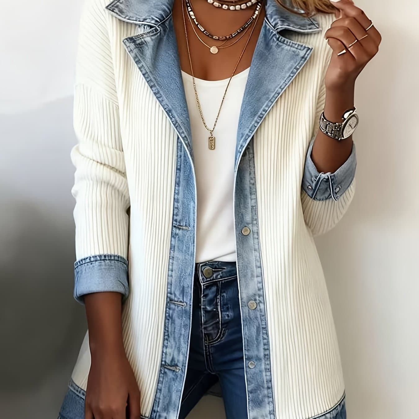 TEMU Casual Denim Jacket With Loose Collar And Cardigan Top For Women | Long Sleeve, Single Breasted, Skinny Fit, Fall/