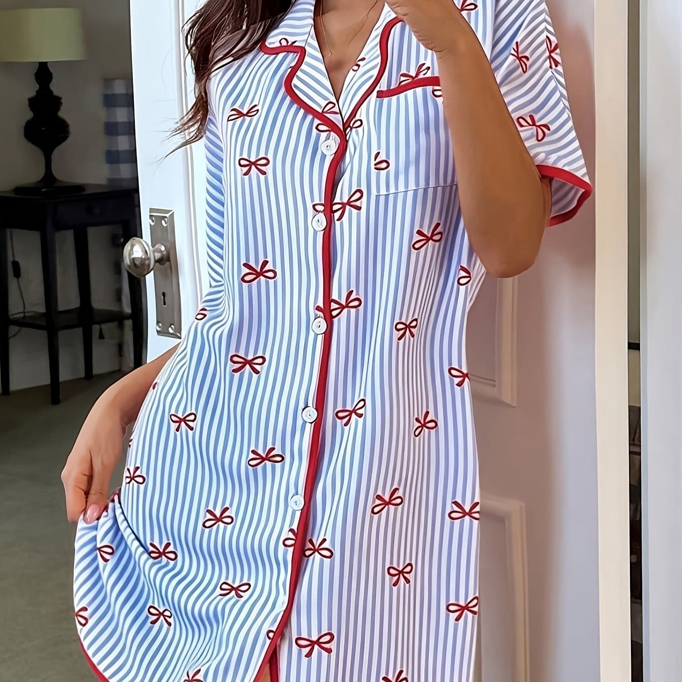 TEMU Summer New Striped Bow Print Short Sleeve Dress, Women's Casual Comfortable Lapel Nightgown