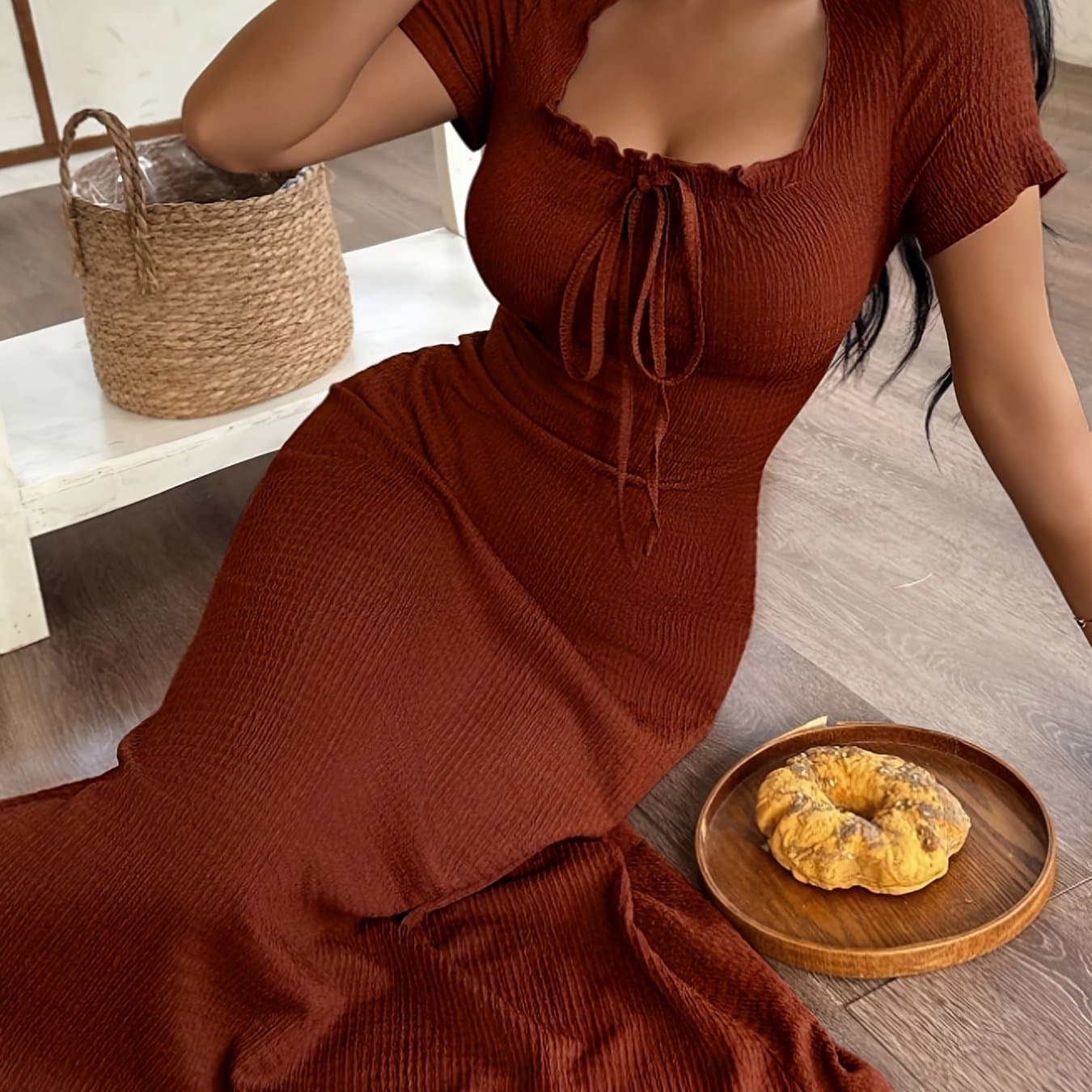TEMU Spring Summer Autumn New Solid Color Beautiful Women's Short Sleeve Square Neck Chest Shirred Bow Decor Waist-cinching Comfortable Dress Nightgown