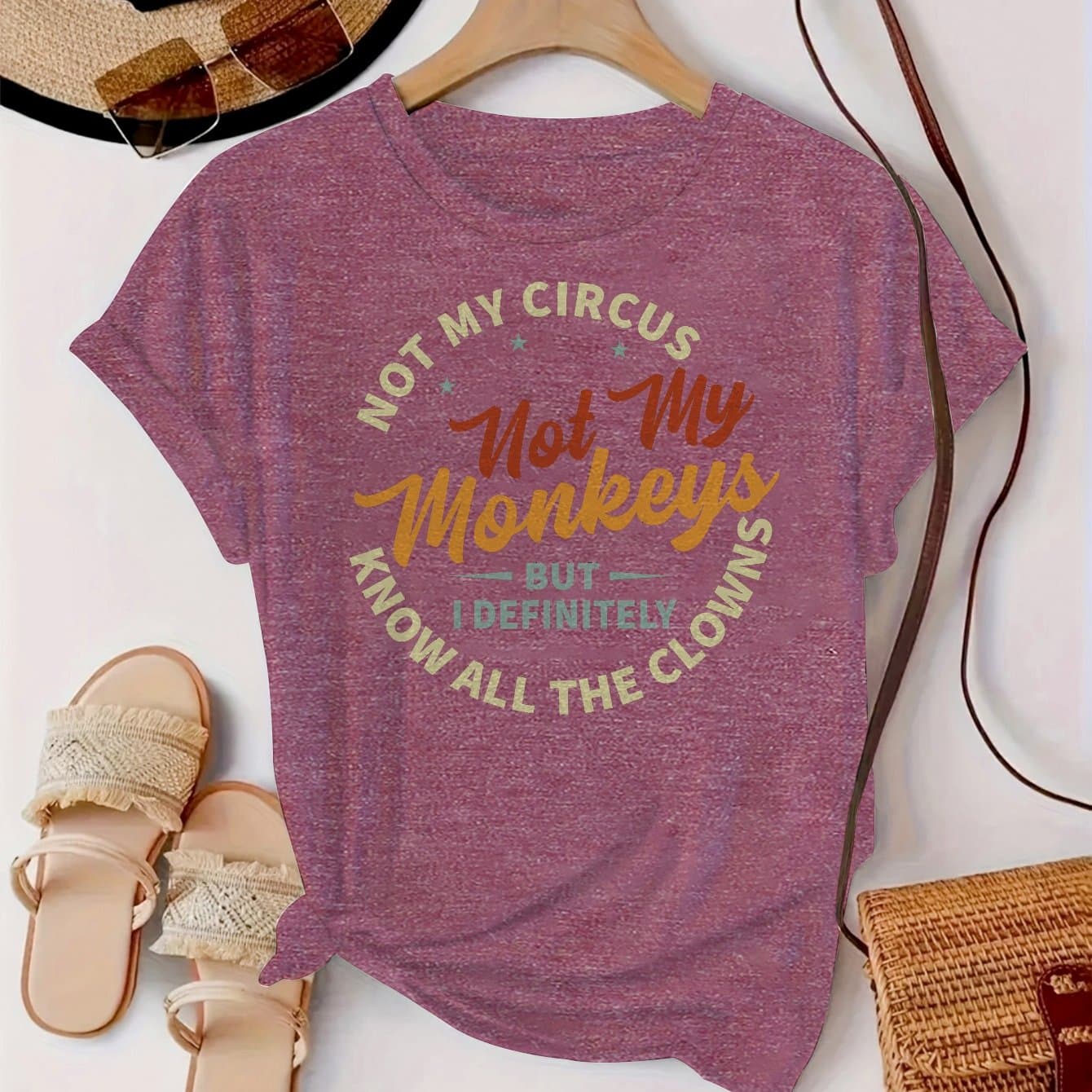 TEMU Women's "not , Not My Monkeys" Graphic T-shirt - Soft, Light Beige-friendly, Casual & Sporty Round Neck Short Sleeve Top, Versatile Tee With Lettering, Ladies T Shirts