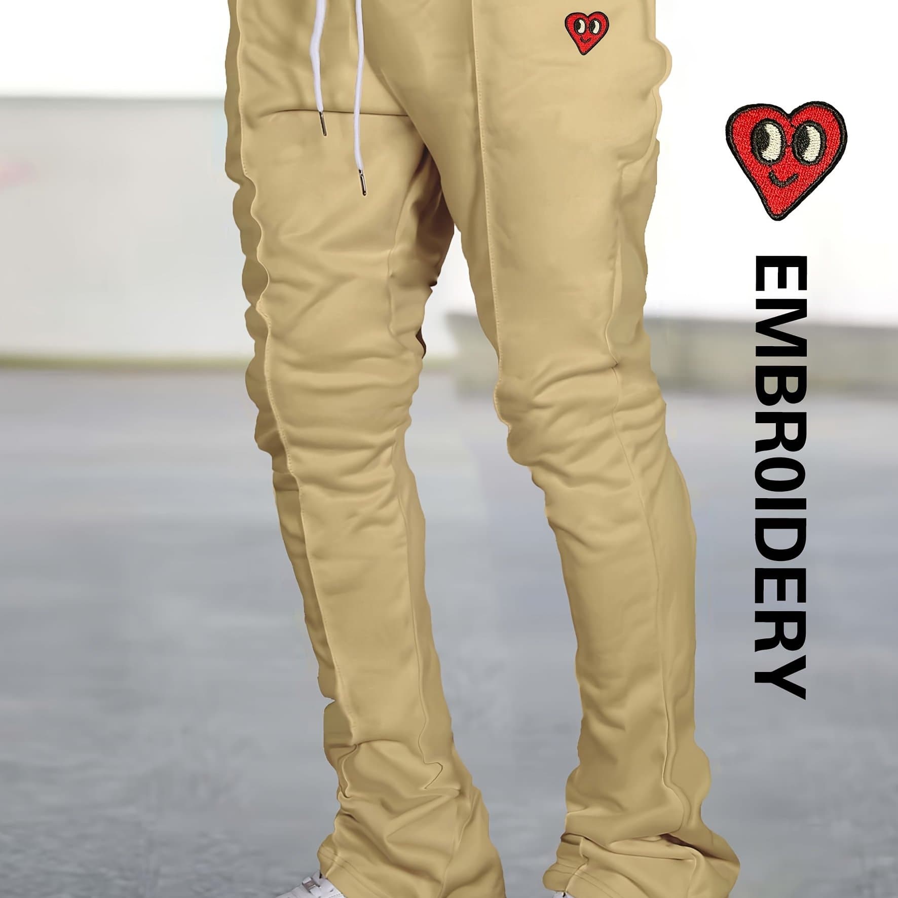 TEMU Men's Embroidered Heart Series Casual Flare Pants - Lightweight, Breathable Polyester, Drawstring Waist With Pockets, Wear, Style