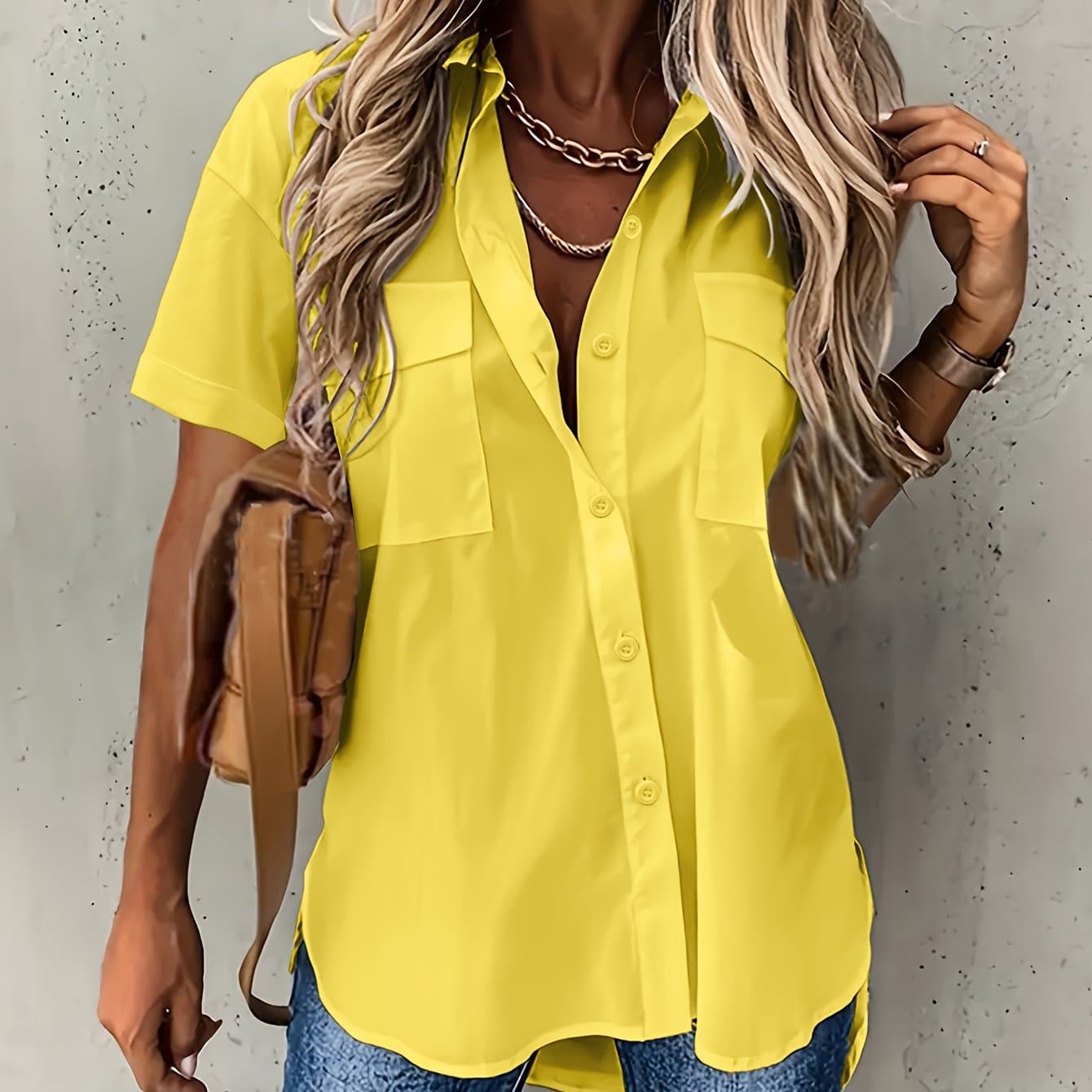 TEMU Women' Color Short Sleeve Shirt With Front Dual Pockets