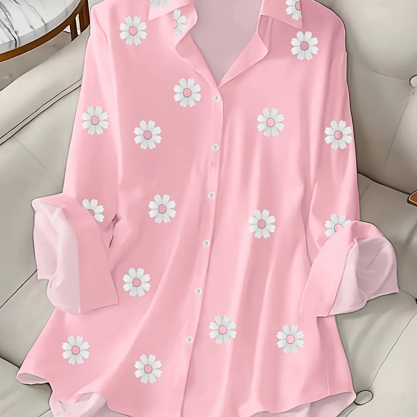 TEMU Plus Size, Plus Size Elegant Fashion Print Turn- Collar Long Sleeve Women's Shirt, Suitable For Parties, Vacations, Casual , Essential, Machine Washable