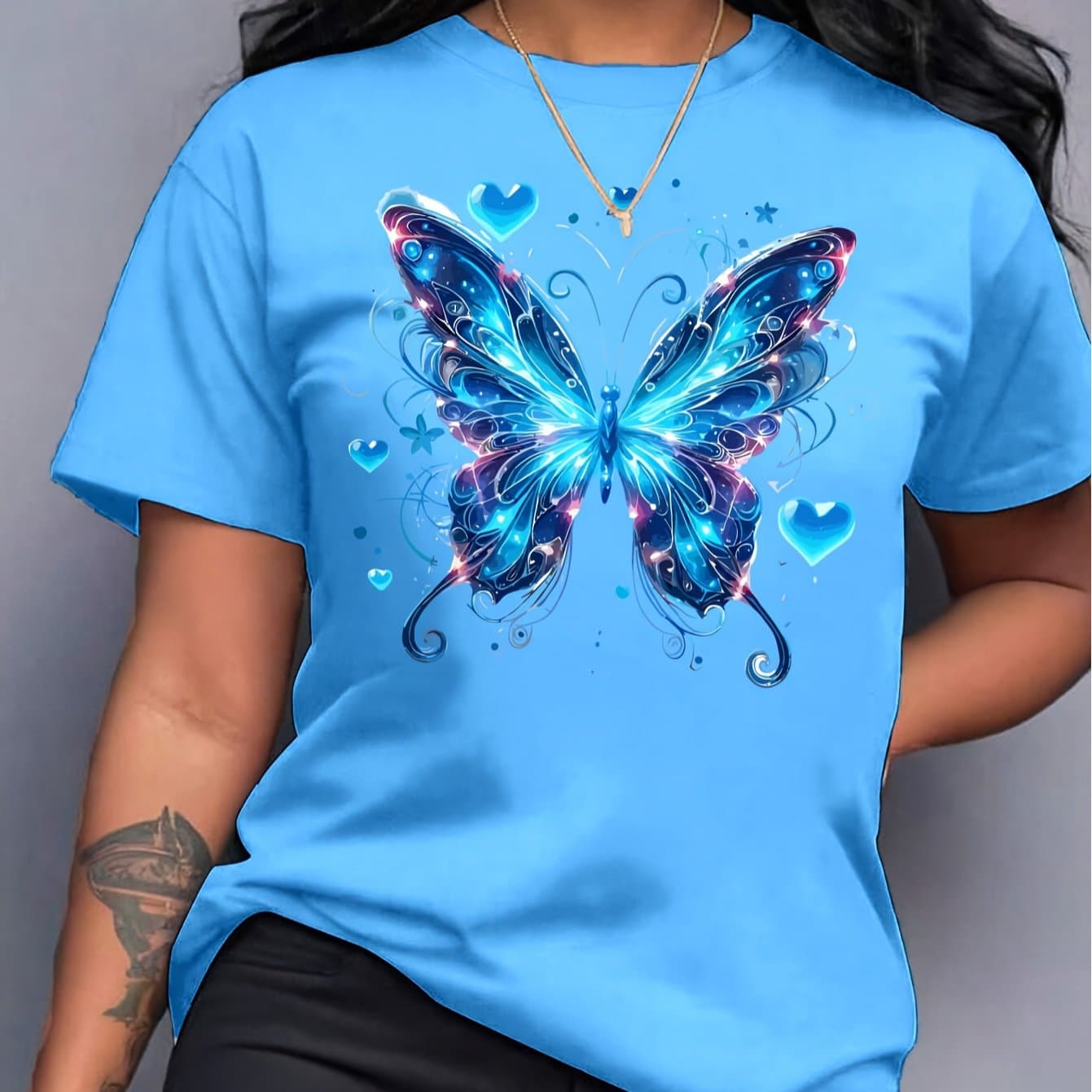 TEMU Women's Glossy Print T-shirt | Lightweight Short Sleeve Crew Neck Top With Purple And Black Bows And Heart-shaped , Machine Washable, Comfortable Daily Wear, And Pink Pattern For Party And