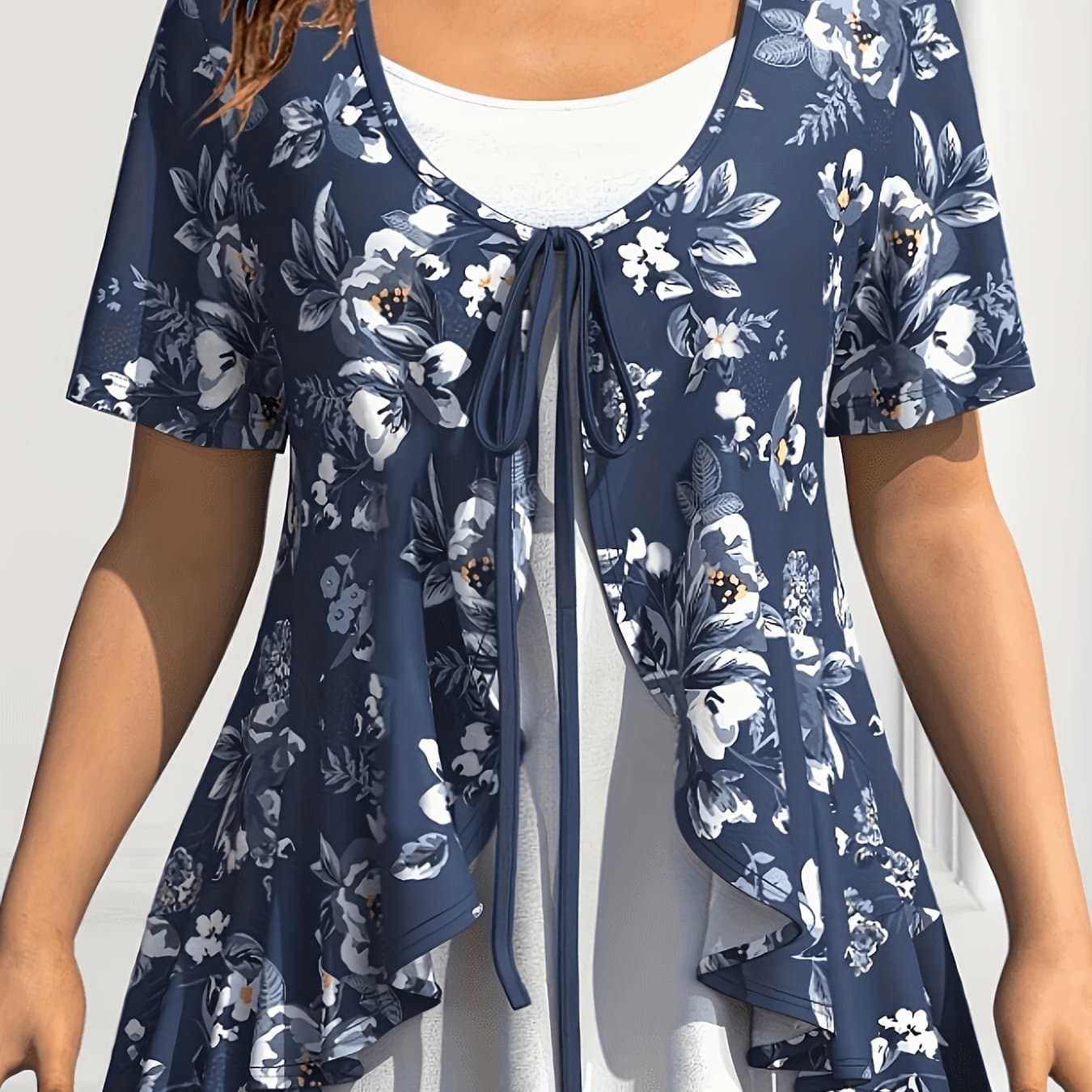 TEMU Plus Size, -size Floral Print Lace-up 2-in-1 Look Short-sleeve T-shirt