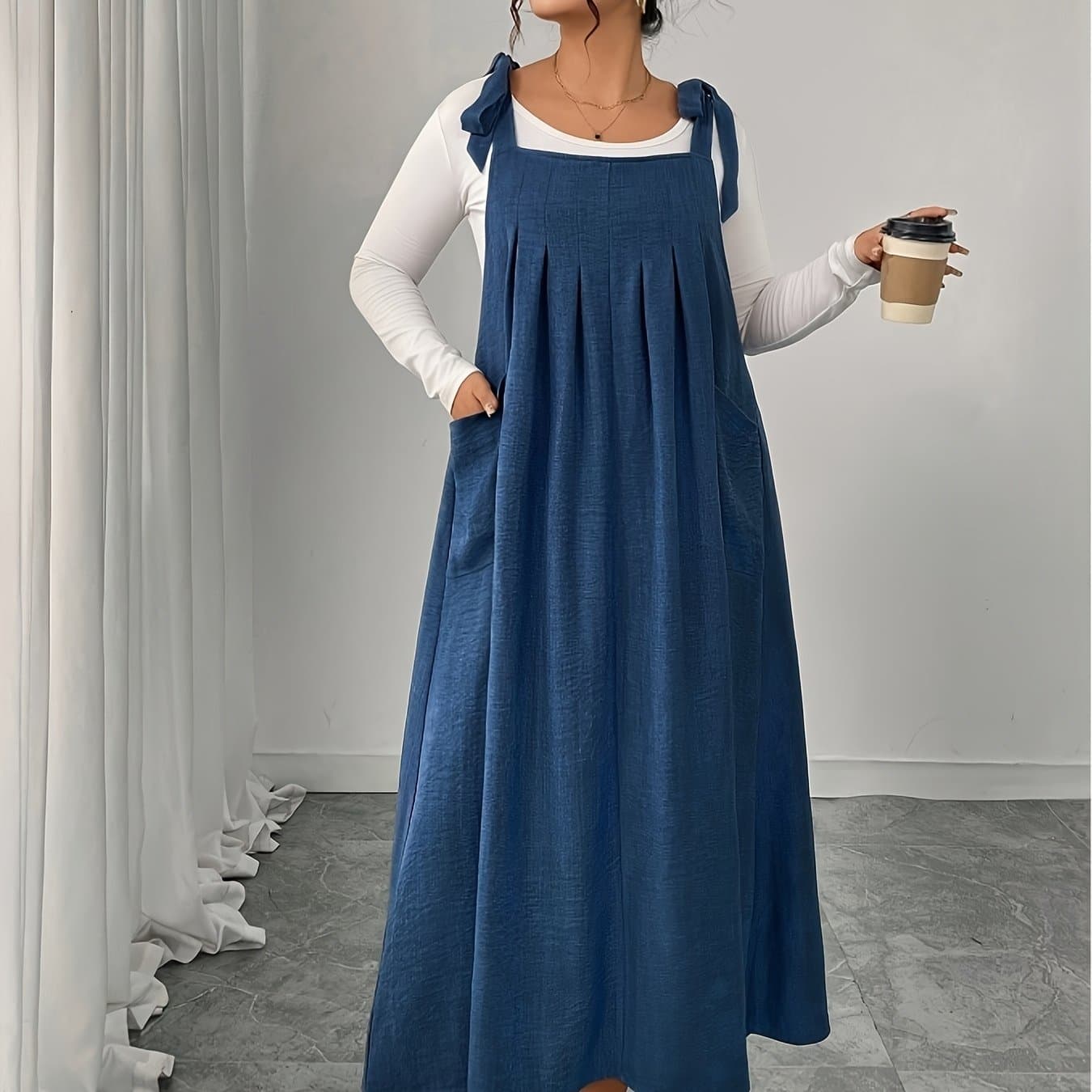 TEMU Plus Size, New Plus Size Women's Dress With Double Pockets And Shoulder Strap, Midi Length