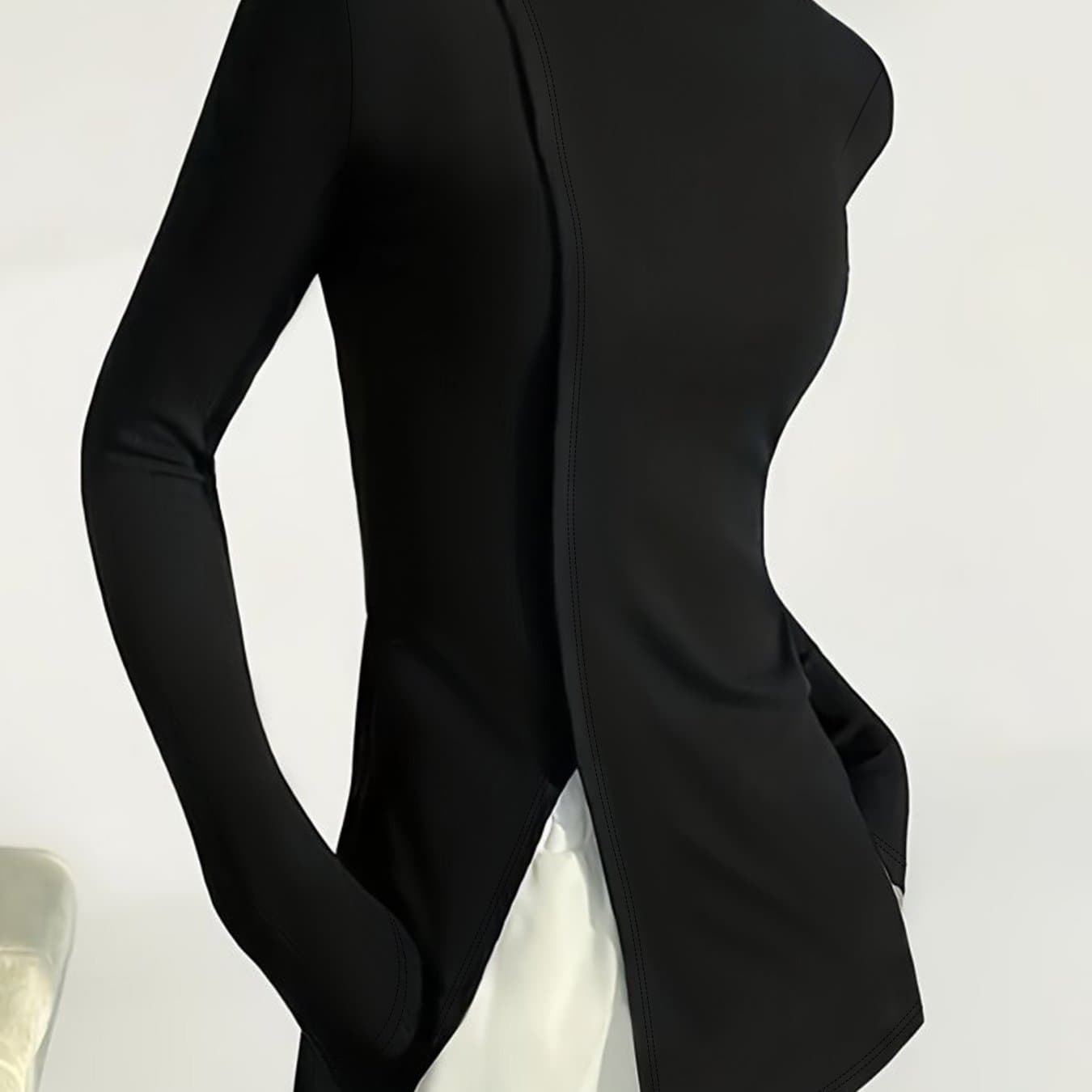 TEMU Women' Color Turtleneck Hem Slit Long-sleeved Slim T-shirt