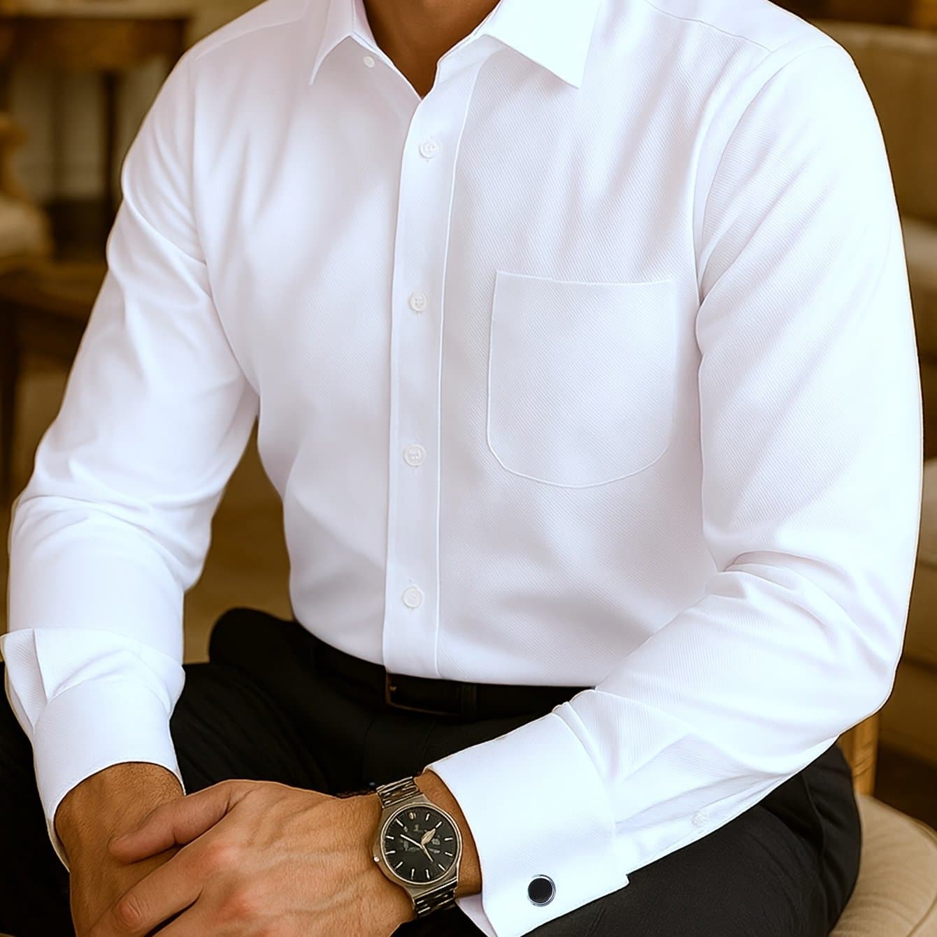 TEMU 2025 's French Cuff Dress Shirt Formal Business Slim Fit Double Cuff Free Cufflinks Gift For Dad Boyfriend Husband Office Wedding Party Men's Clothing