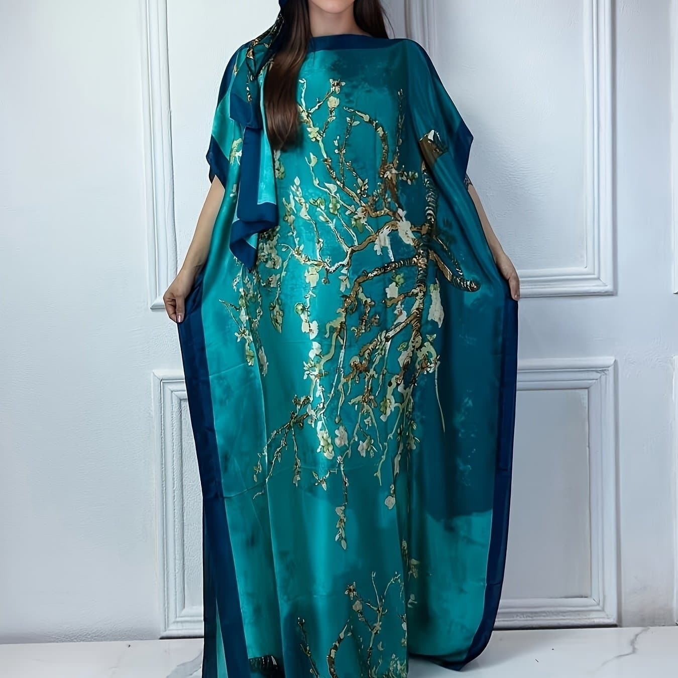 TEMU Tree Print Crew Neck Kaftan Dress, Elegant Batwing Sleeve Loose Fit Maxi Dress With A Hijab, Women's Clothing
