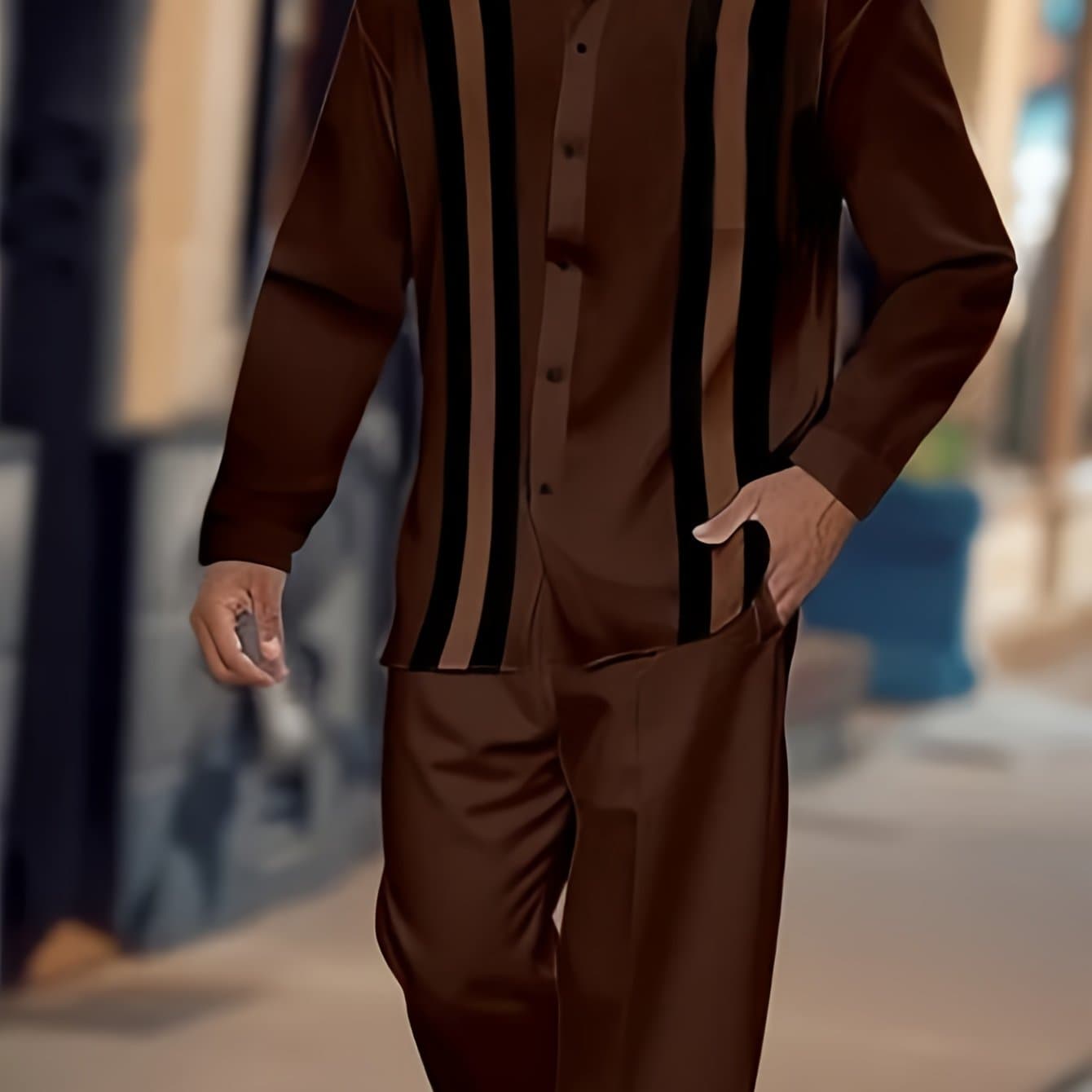 TEMU Men's Fashion Long-sleeved Shirt And Trousers Suit Vertical Striped Shirt With Printed Pattern Men's Breathable And Skin-friendly Long-sleeved Trousers Suit Fashionable Casual Suit