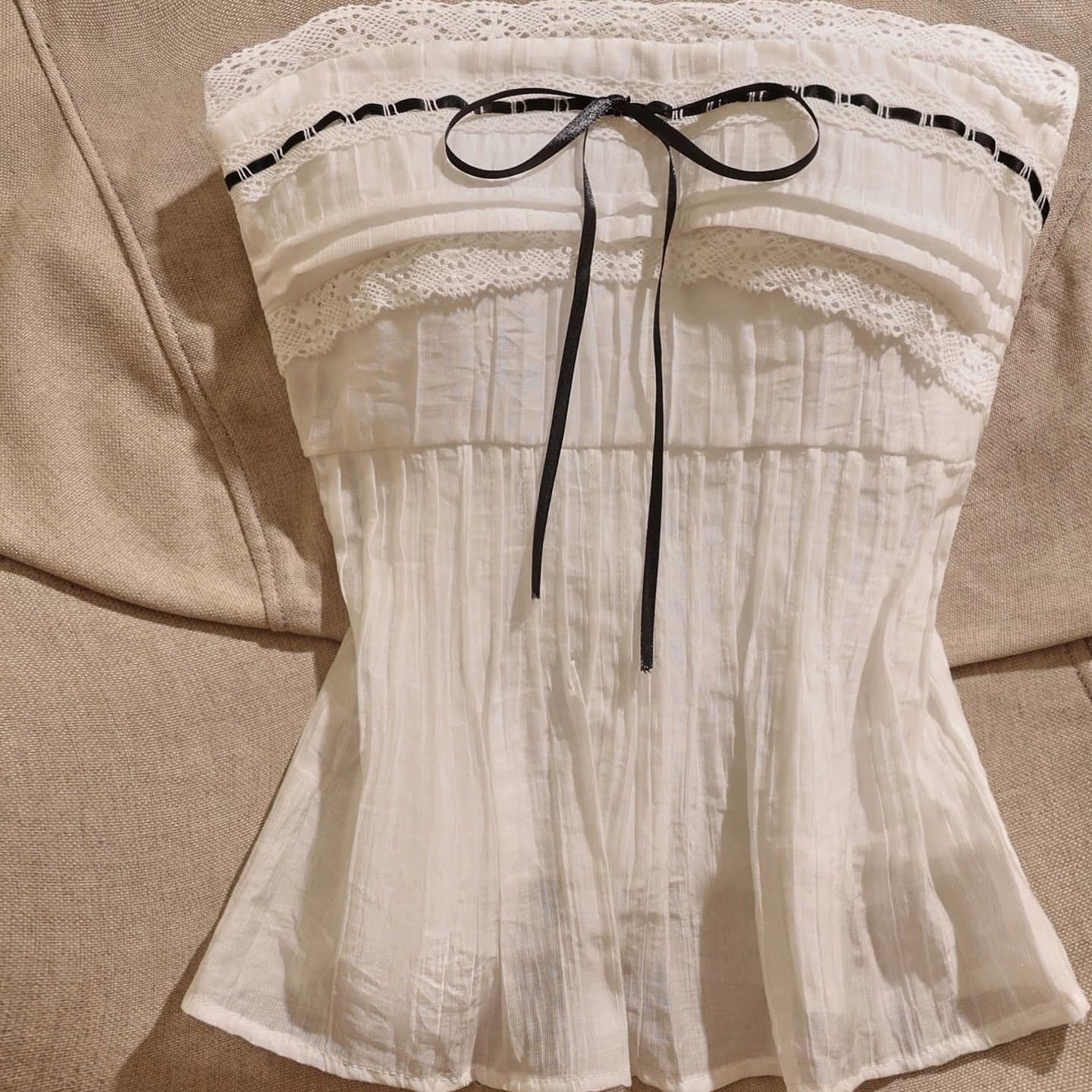 TEMU Women's Spring Summer Strapless Top With Lace Trim Black Ribbon Bow Fashion Top