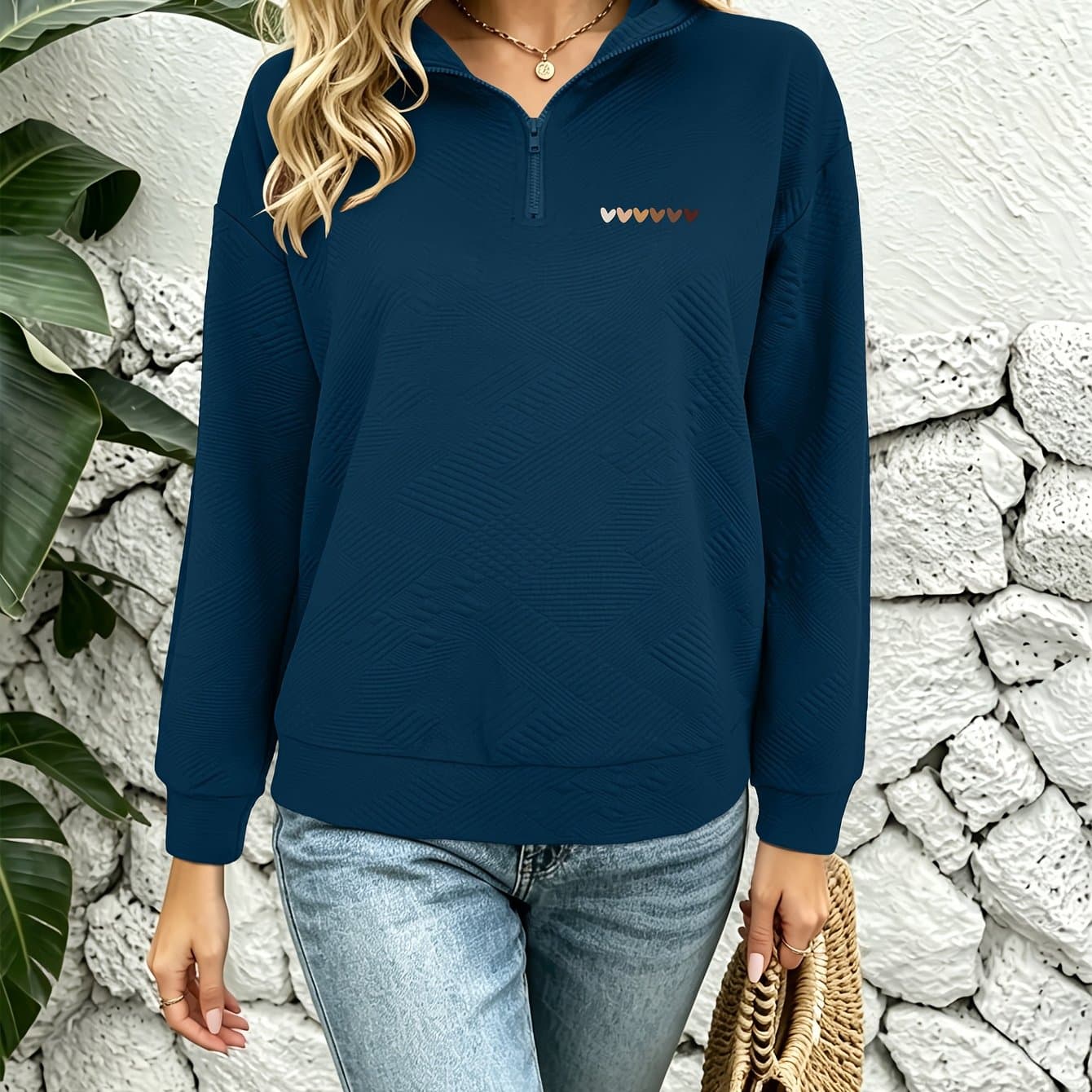 TEMU Autumn/winter Printed Sweatshirt - Heart Print Design - Zipper Collar Women's Long Sleeve Sweatshirt_31517