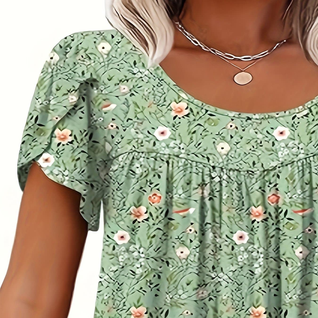 TEMU Women's Elegant Floral Print T-shirt - Summer Casual Loose Fit Short Sleeve Top With Chest Ruching Detail, 95% Polyester 5% Spandex Blend, Machine Washable Round Neck Tee For Spring/summer