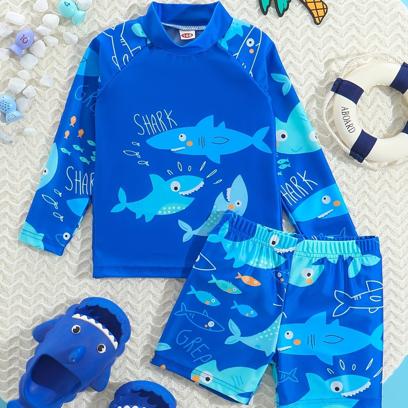 TEMU Boys' Casual Quick-dry Fabric Shark Print Round Neck T-shirt Shorts Swimsuit Set