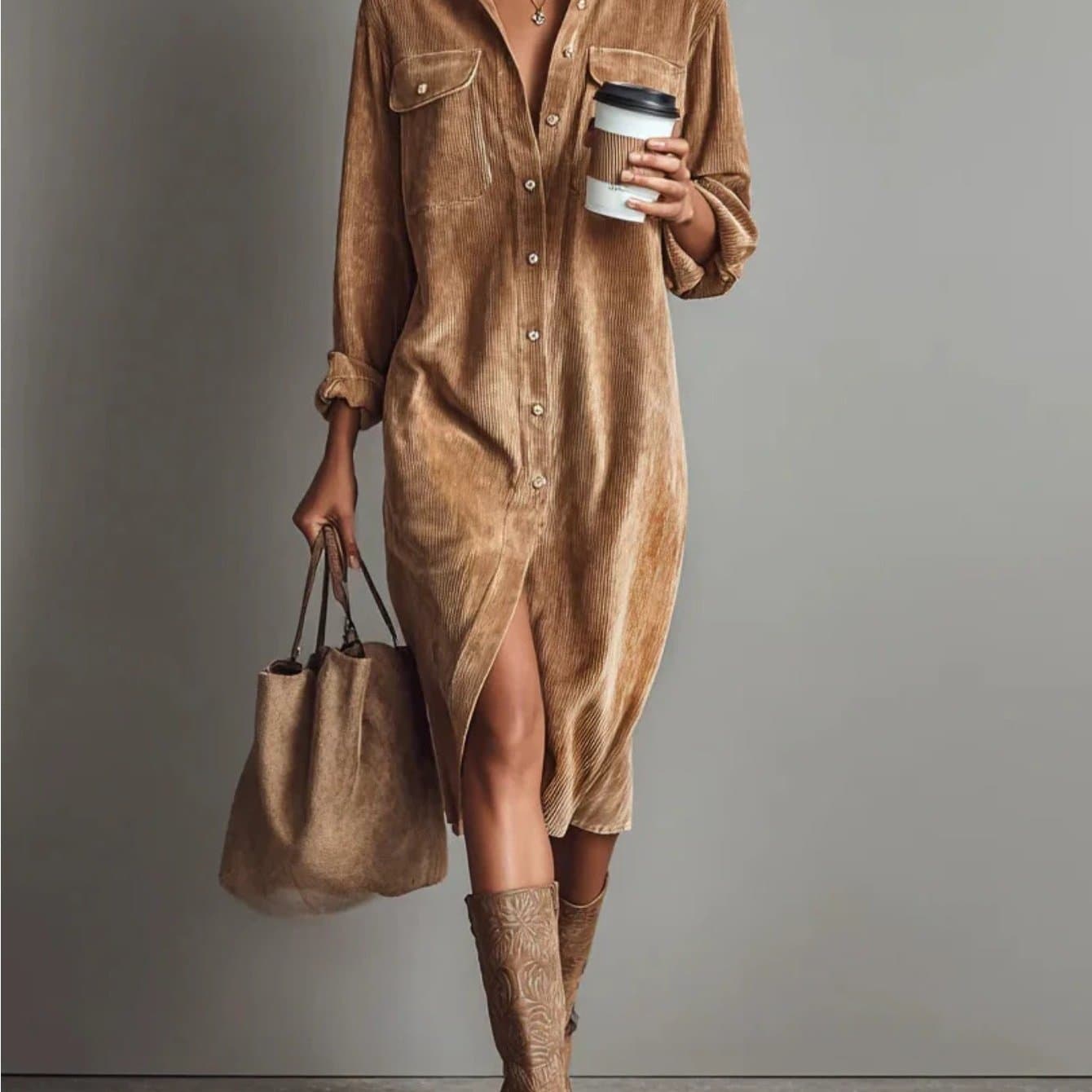 TEMU 2025 Autumn Winter New Shirt-style Dress Solid Color Corduroy Long Sleeve Lapel Loose Long Skirt Temperament Elegant Women's Dress