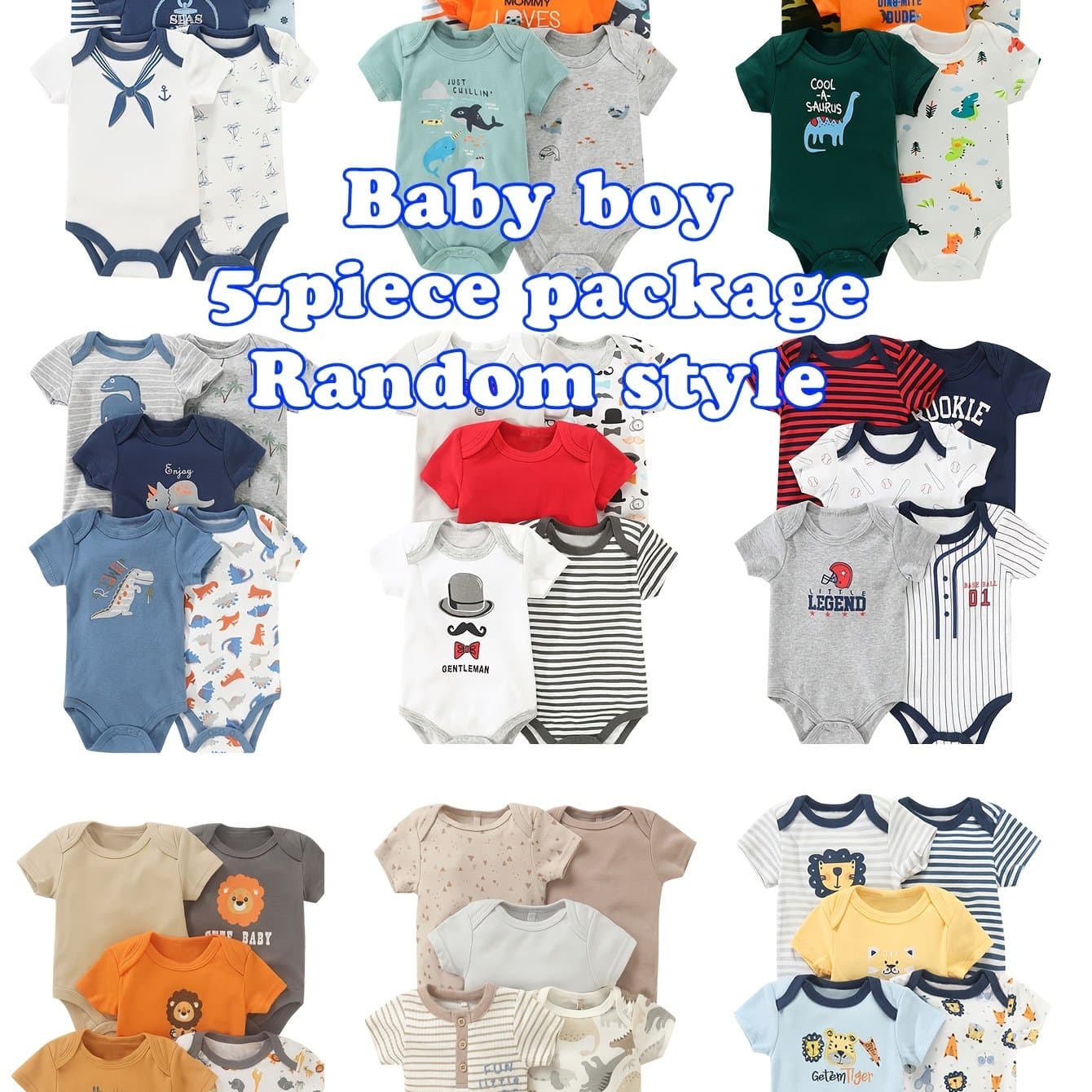 TEMU 5pcs Random Set Of Baby Boy Rompers, Short-sleeved Rompers With Cute , Made Of Pure Cotton, Suitable For Outdoor Wear., Perfect For Outdoor