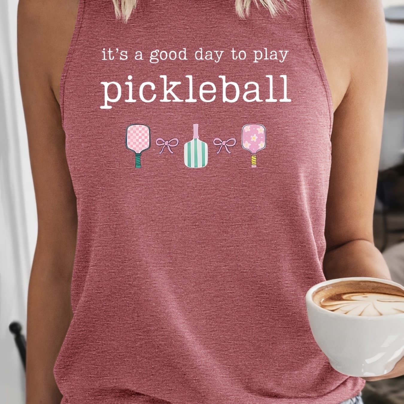TEMU It's To Play Pickleball Racquet Print Women's Tank Top, Spring Elements Casual Sleeveless Top, Comfortable Breathable Round Neck T-shirt, Pickleball Theme Women's Clothing S-xxl