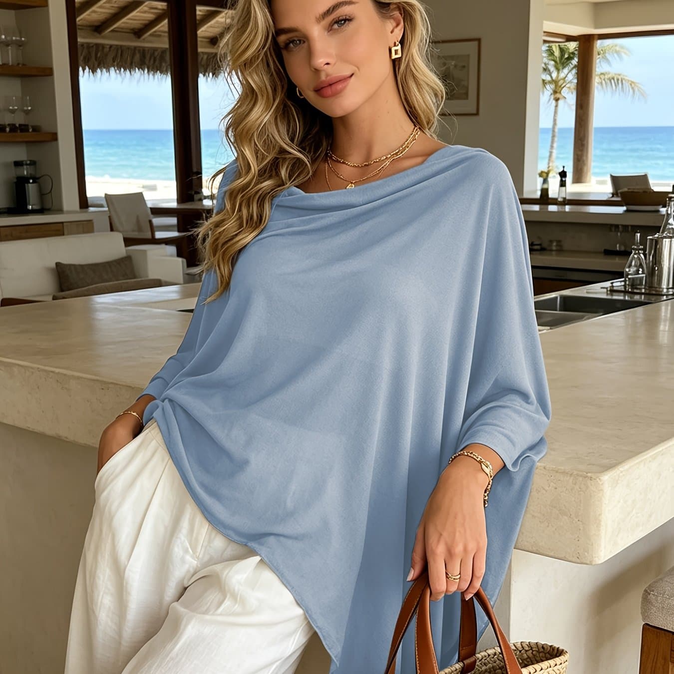 TEMU Beach Beach Cover-up Women's Summer Thin Irregular Hem Swimsuit Outerwear Casual Versatile Beach Travel Outerwear Air Conditioner Shirt Lazy Style Loose Cape Top