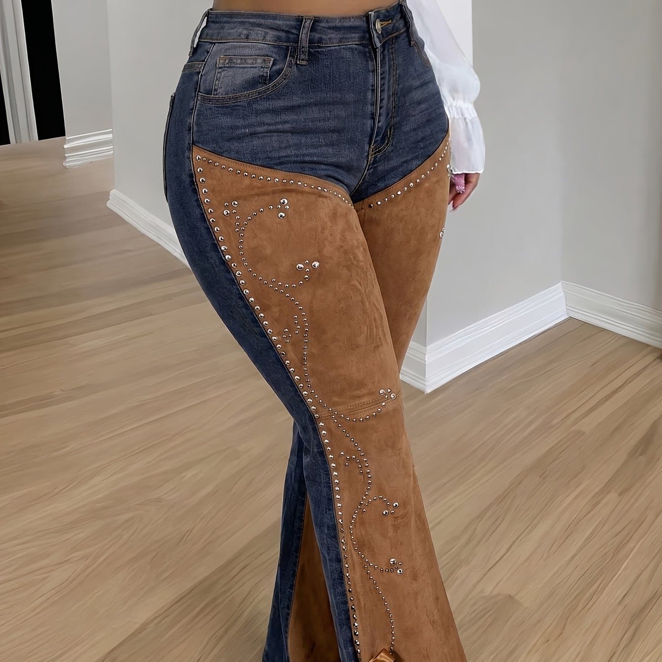 TEMU Low Waist Western Flare Jeans For Women, Suede Denim Bell Bottoms With Studded Embellishments And Lace-up Ribbon Ties