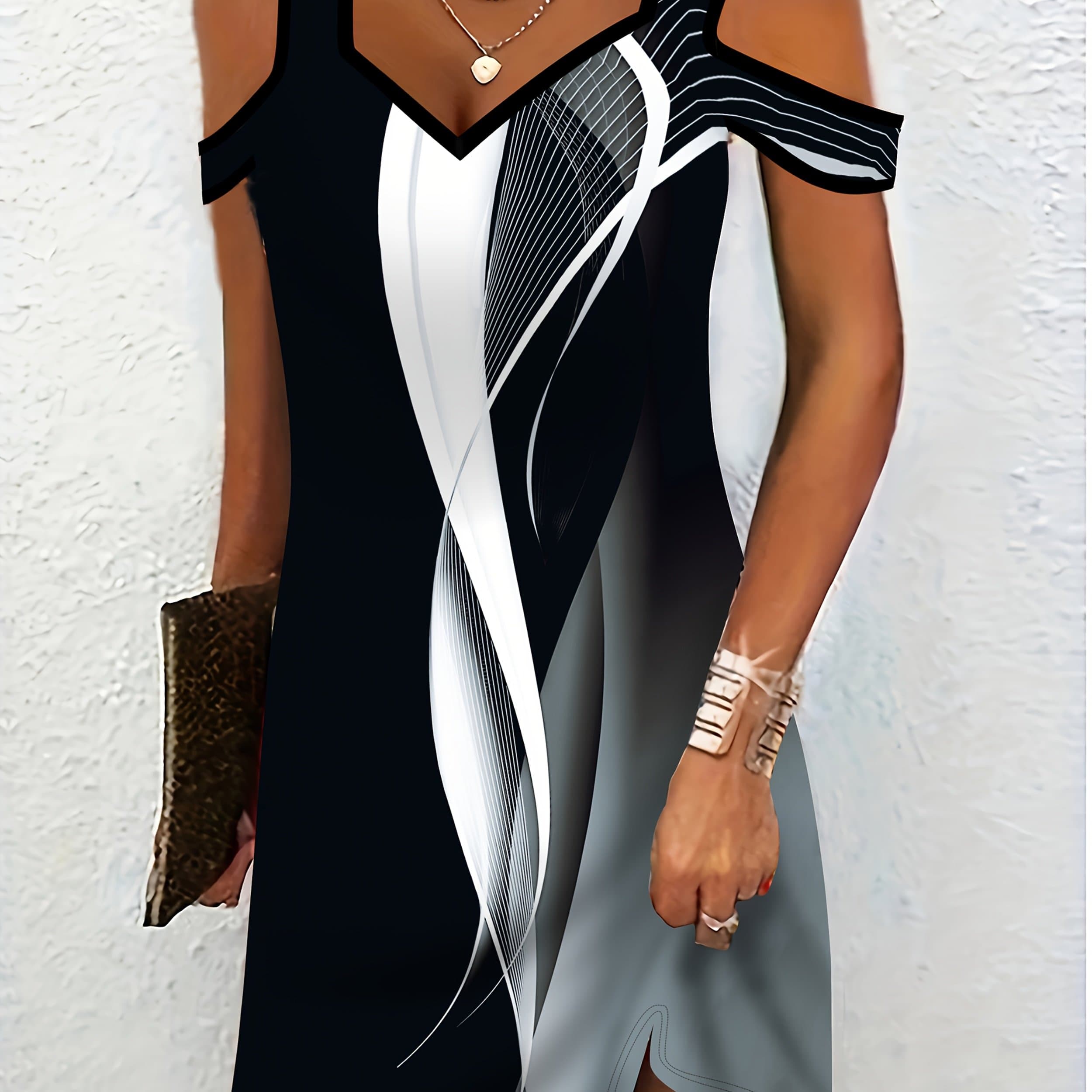 TEMU Elegant Women's Off-shoulder Short Sleeve Dress With Cool Geometric Print, Fashionable And Trendy Long Dress