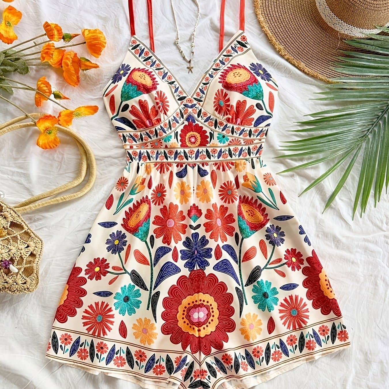 TEMU Spring/summer New Elegant Colorful Tropical Print Sleeveless Jumpsuit Bohemian Summer Romper New Year Party Outfit Beach Elegant Jumpsuit