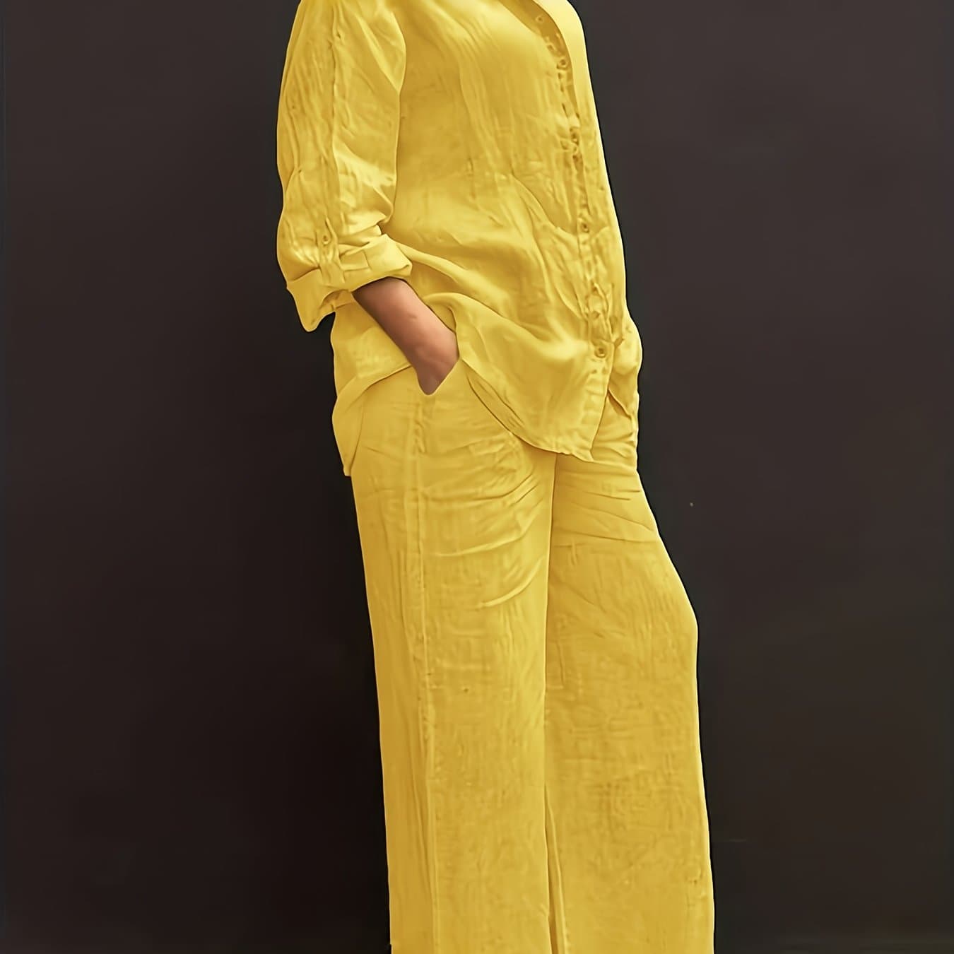 TEMU Casual Collar Cardigan And Wide-leg Pants Set, Elegant Versatile Slim Fit Solid Shirt Top With Soft Fabric For Comfortable Beach Vacation Daily/office Loose Waist Trousers Two-piece Outfit