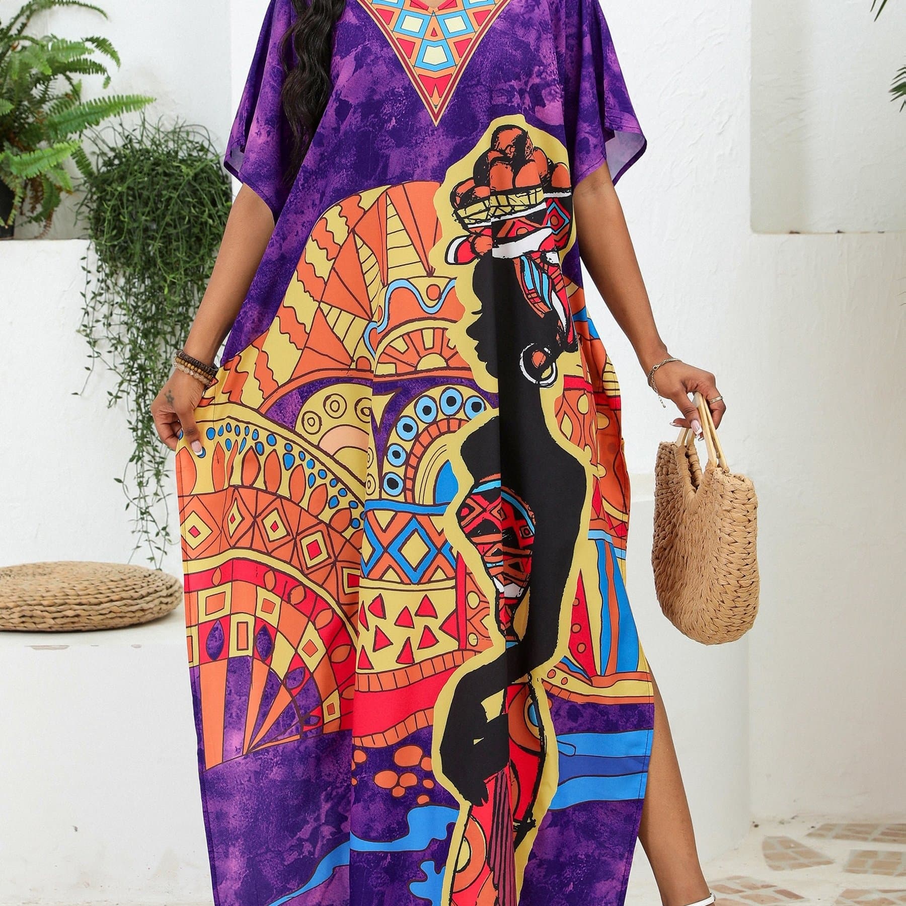 TEMU Plus Size Pullover Hoodie Women's V-neck Portrait Print Short Sleeve Slit Long Dress Beach Vacation Loose Robe