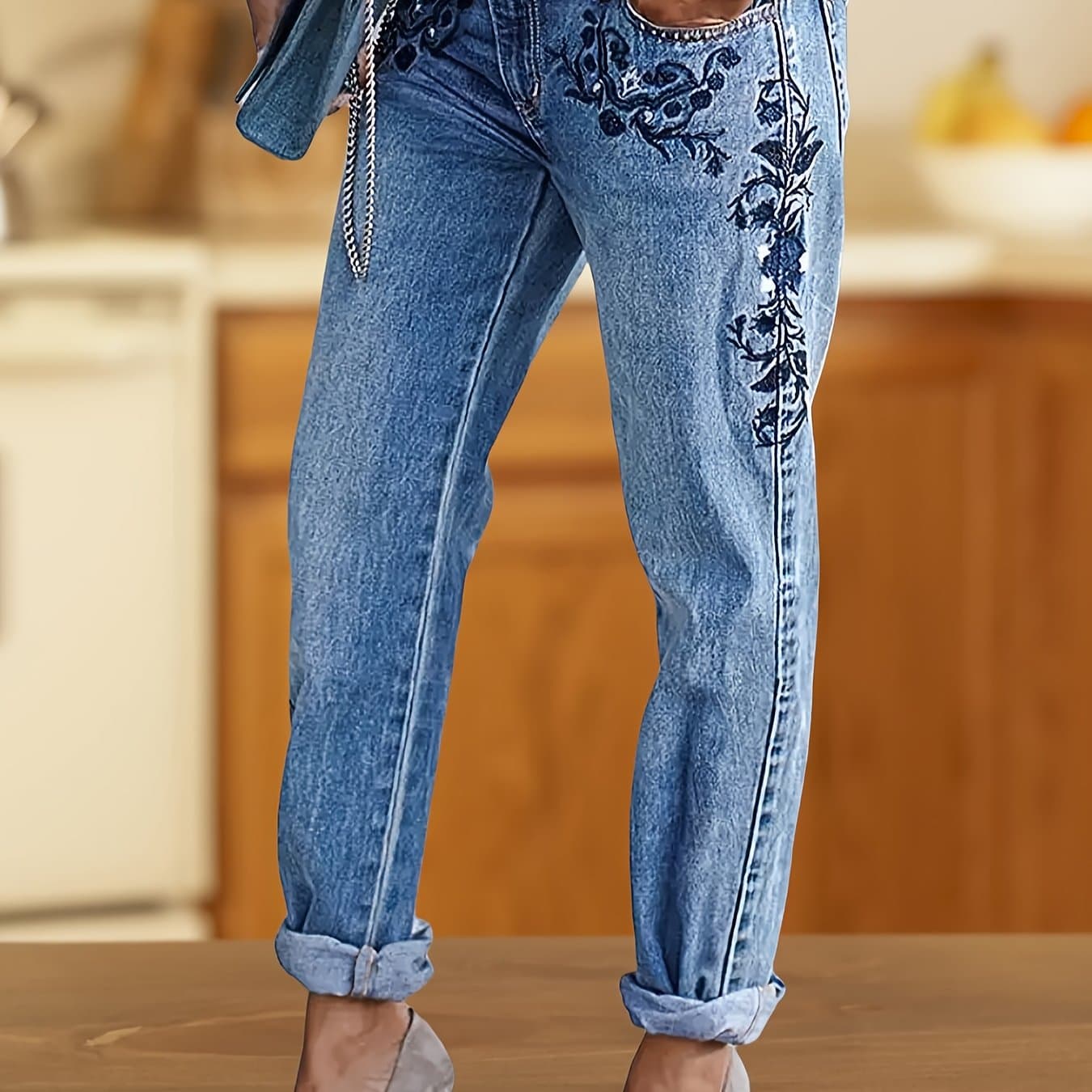 TEMU Women's Jeans Stretch Small Straight Leg Heavy Embroidery Washed Jeans Fashion Elegant Commuter Dress Denim Nine-point Pants
