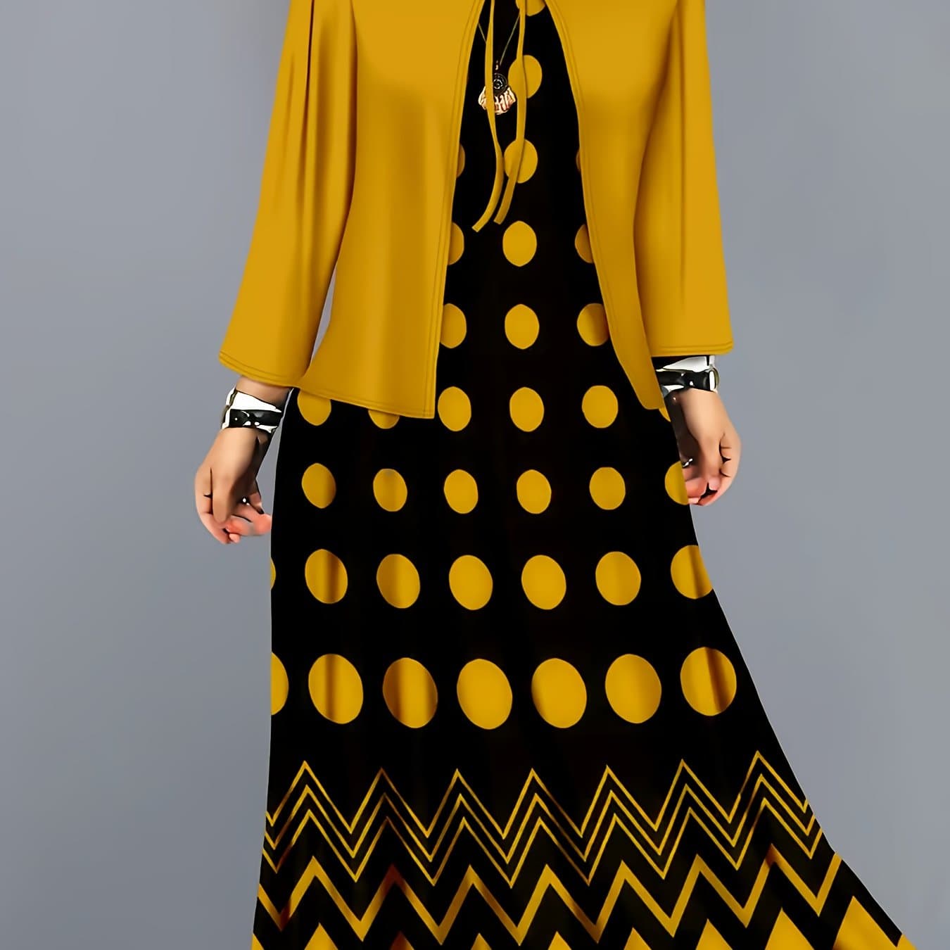 TEMU Elegant Dress Set, Geometric Pattern Print Fashionable Vacation Outer Jacket Vest Maxi Dress Set, Spring And Autumn Comfortable Regular Fit Casual Set