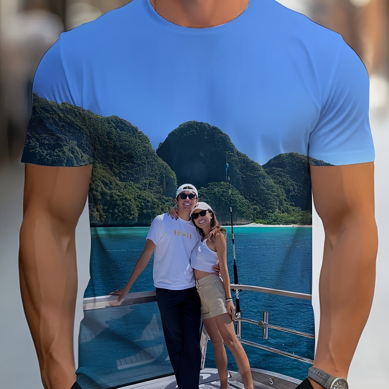 TEMU Custom Couple 3d Print T-shirt - Breathable Fabric, Round Neck Short Sleeve - Summer Casual Wear And Gift