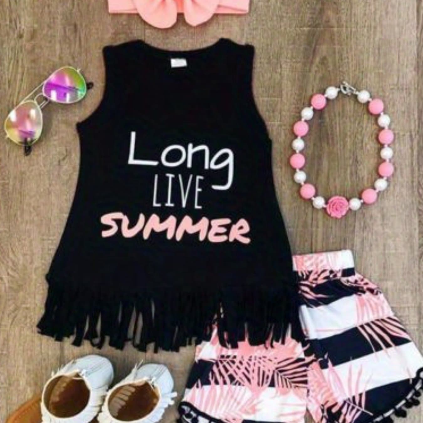 TEMU Toddler Baby Girl Summer Clothes Sleeveless Tassel Letter Print Vest + Striped Shorts + Bow Hairband, Perfect For Outdoor