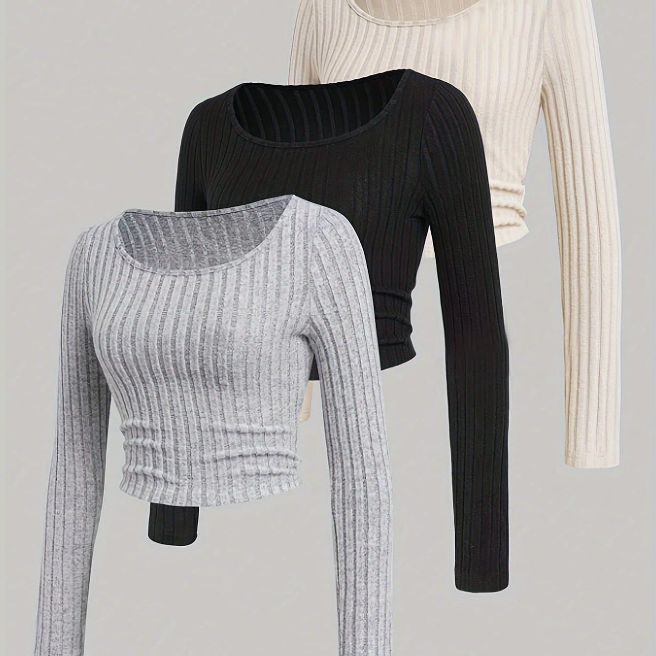 TEMU 3pcs Pack, Ribbed Long Sleeve Base T-shirts, Multi-functional Round Neck Long Sleeve Tees For Fall Winter, Women's Clothing