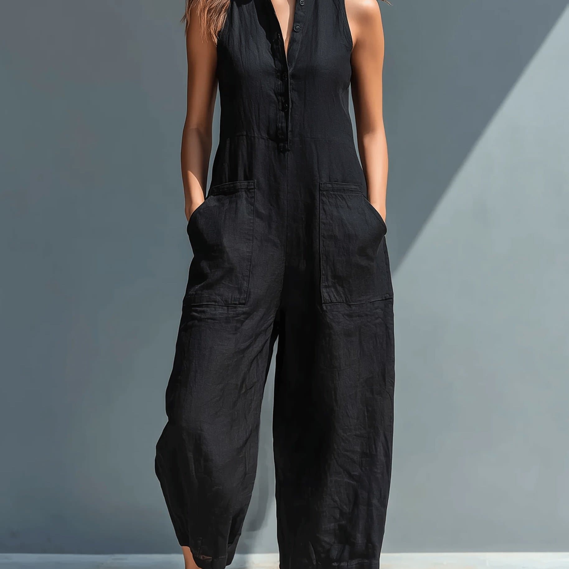 TEMU Women's Elegant Minimalist Black Sleeveless Stand Collar Jumpsuit - /summer Loose Wide-leg Pants, & Casual, High-end Linen Texture, Lazy Style Black Sleeveless & Casual Jumpsuit
