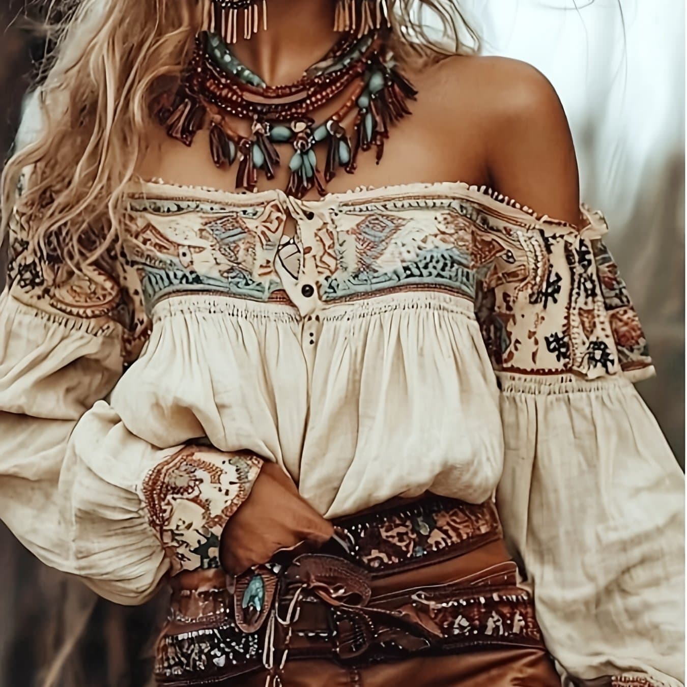 TEMU Western Cowboy Style Women's Long-sleeved Printed Top, Bohemian Style Vintage Long-sleeved Off-shoulder Top, Featuring Button Details And V-neck Design