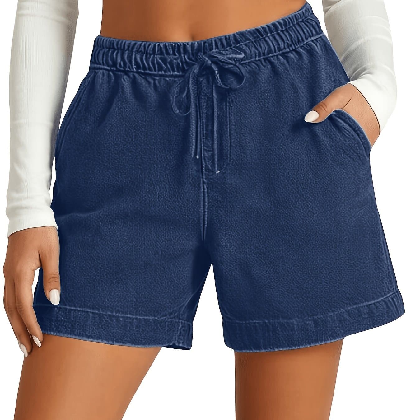 TEMU Loose And Stylish Casual Shorts, Solid Color With Elastic Waist, Five-pocket Jeans Shorts