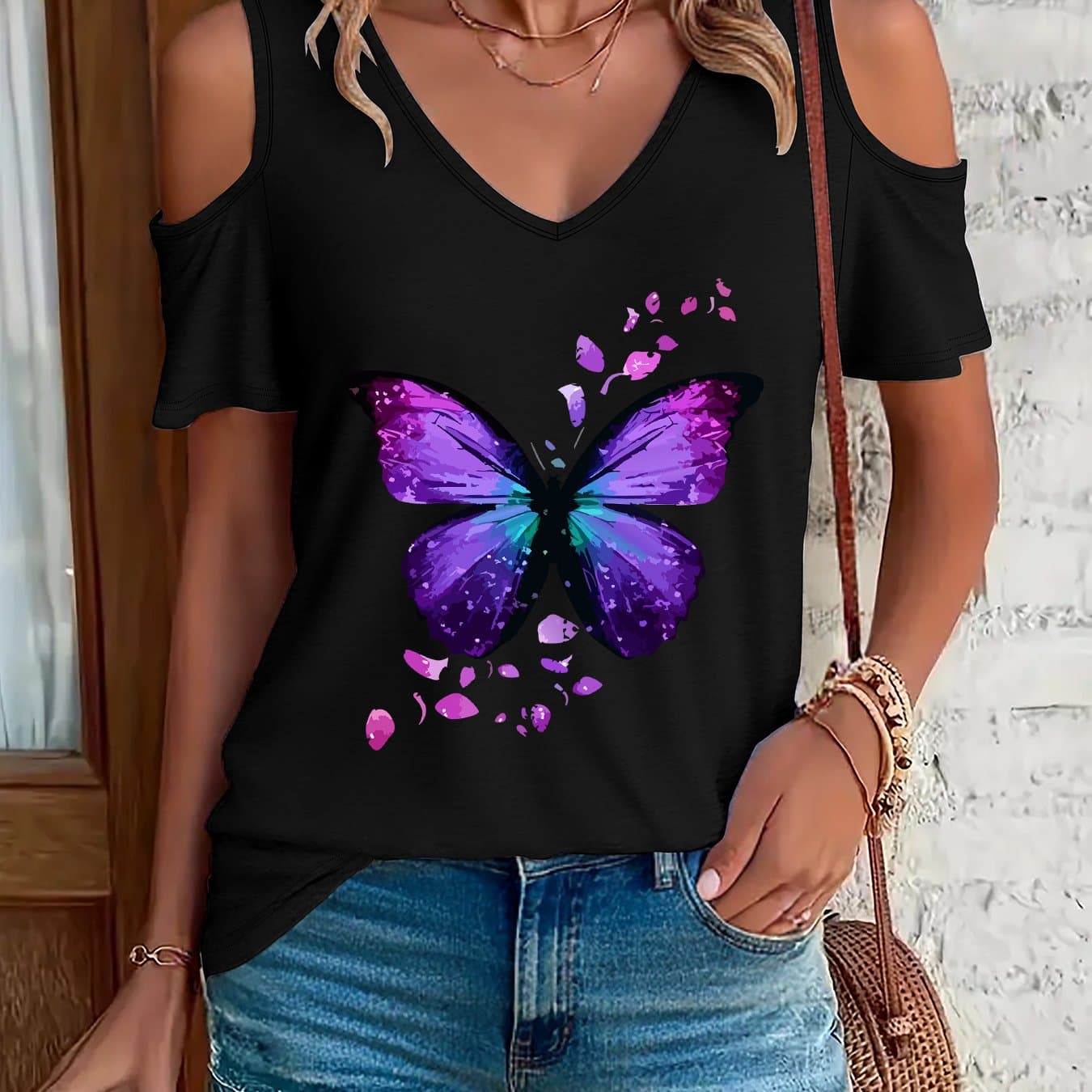 TEMU Casual Short-sleeve V-neck T-shirt With A Graphic Design, Perfect For Summer And Spring, Women's Apparel