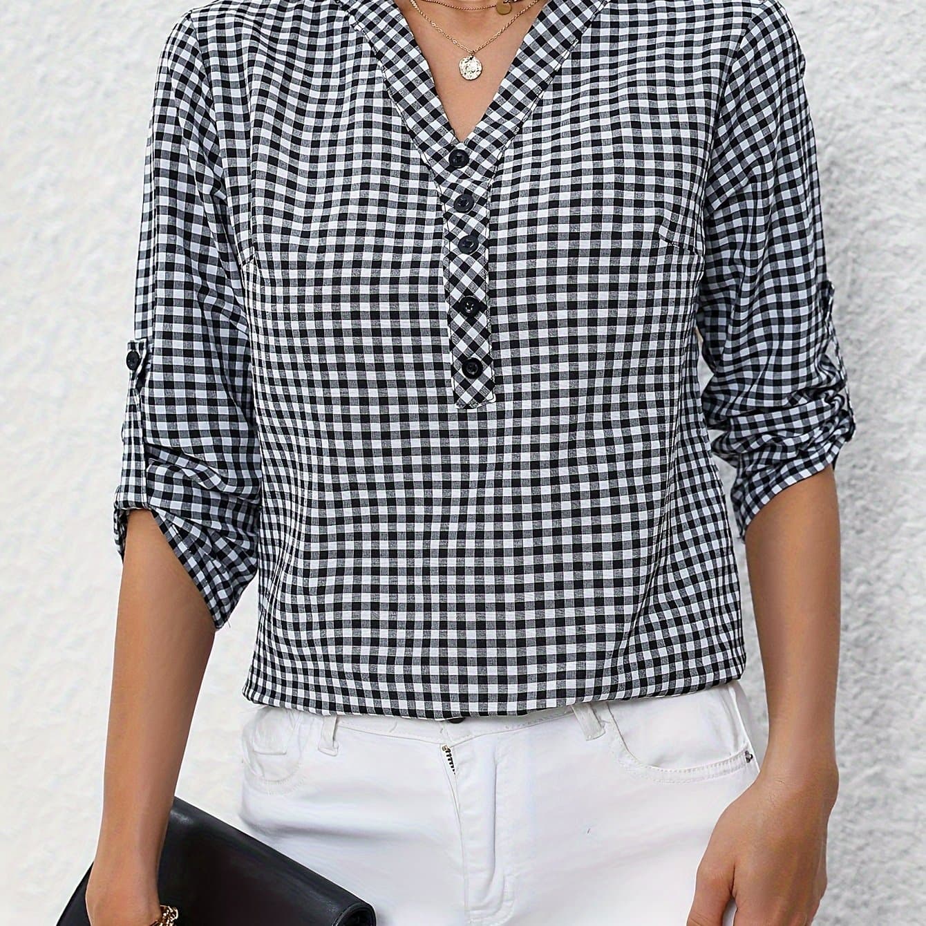 TEMU Vintage Elegant Checkered Shirt For Women