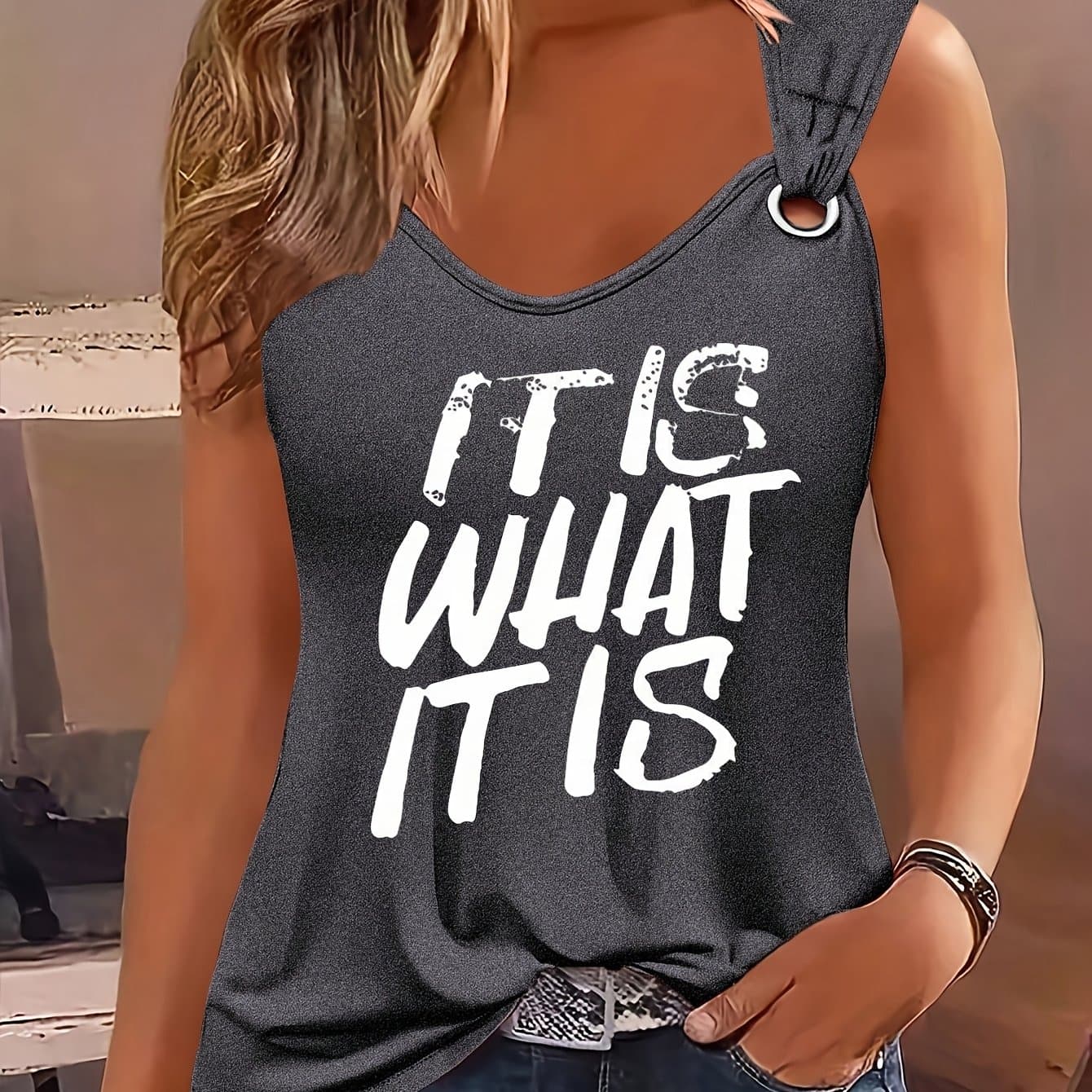 TEMU Women's Casual Sleeveless Tank Top With " What " Print And Ring Detail - Round Neck, Lightweight Polyester, Summer Outfits, Ladies T Shirt