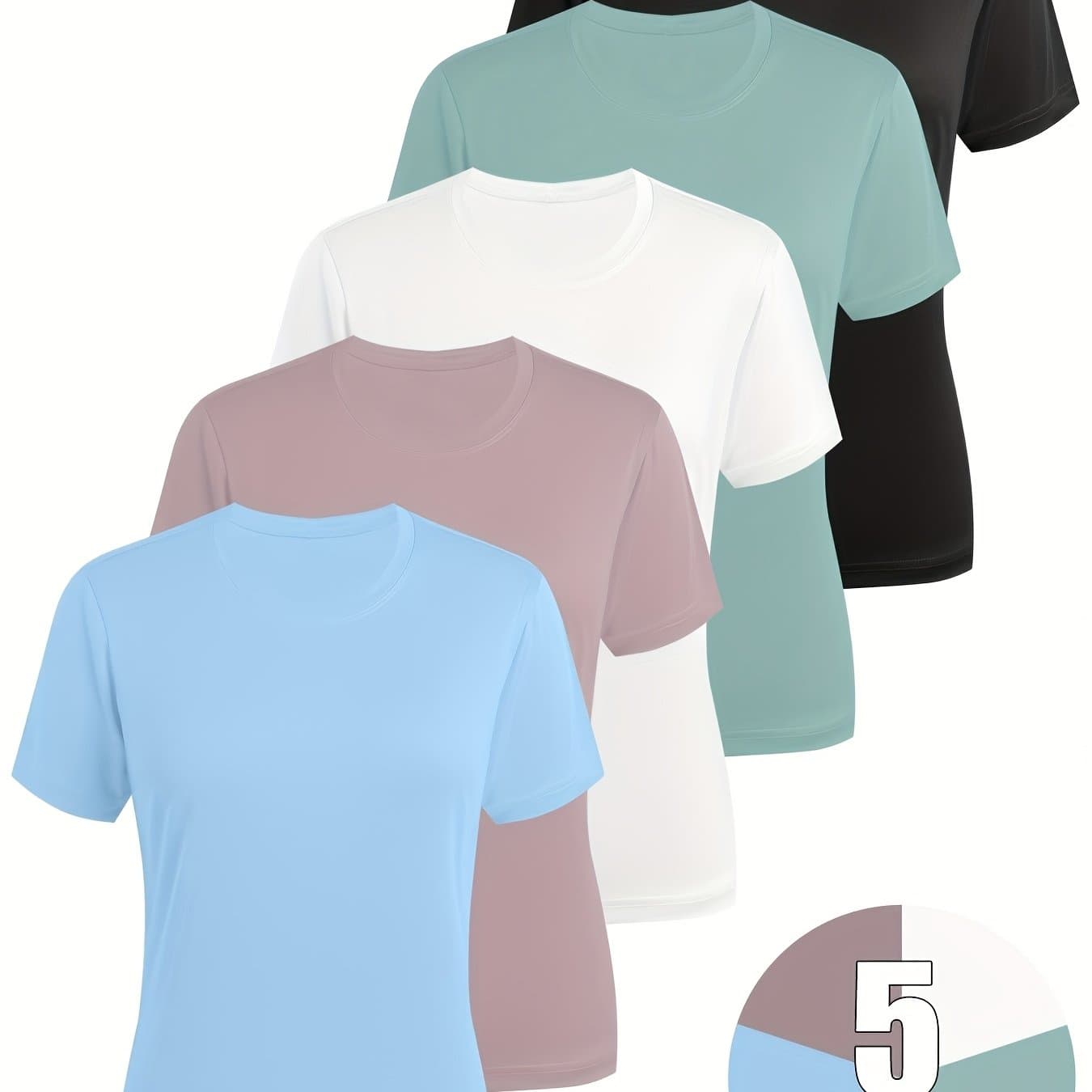 TEMU 5pcs Summer Women's Casual Sports T-shirt Set Breathable And Sweat-wicking, In Multiple Solid Color Combinations, Perfect For Casual Attire, Workouts, And Sports Activities.