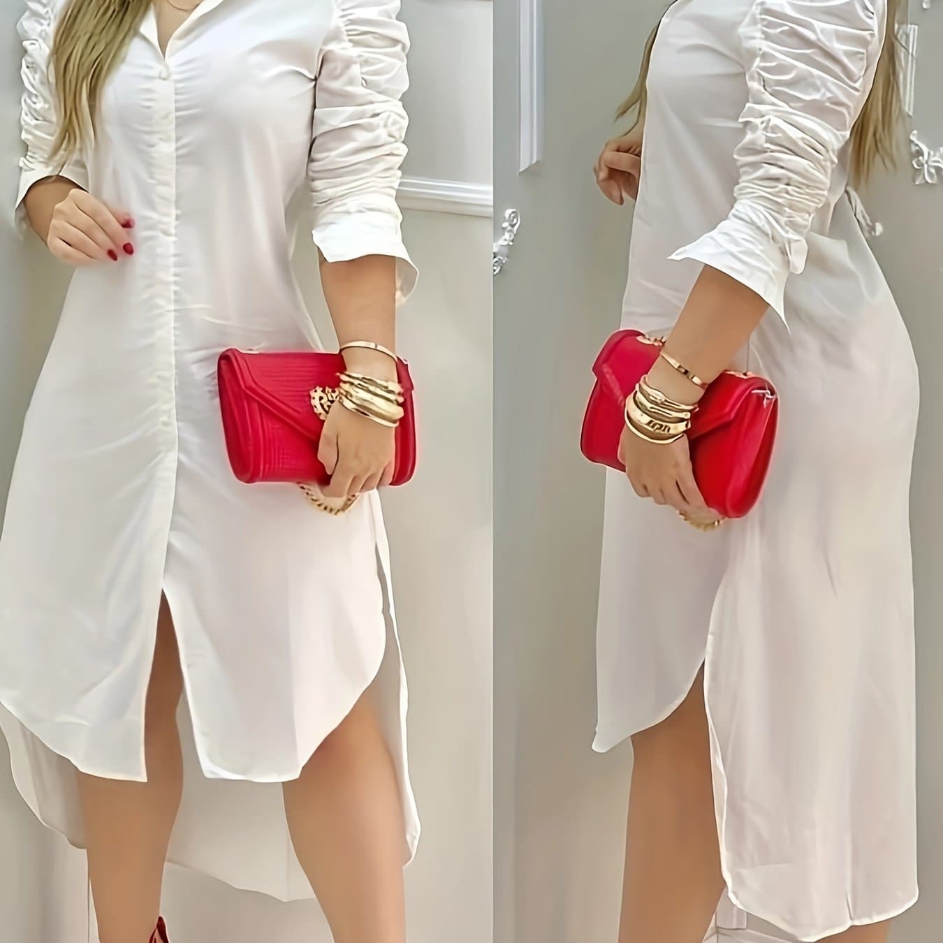 TEMU Elegant White Button-up Shirt Dress With Sleeves And Side Slit - Spring/summer, Casual To Formal Wear, Casual Attire| Sleeve Dress|sophisticated Style