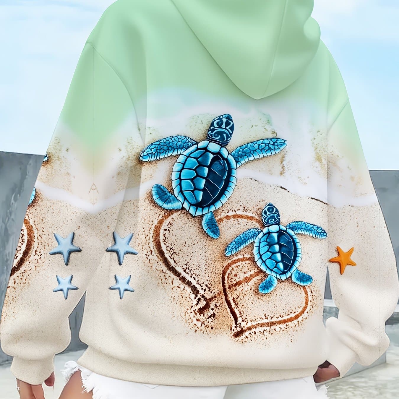 TEMU Casual Long-sleeve Sweatshirt For Women Featuring A 3d Turtle Design, Perfect For The Beach And With A Pocket