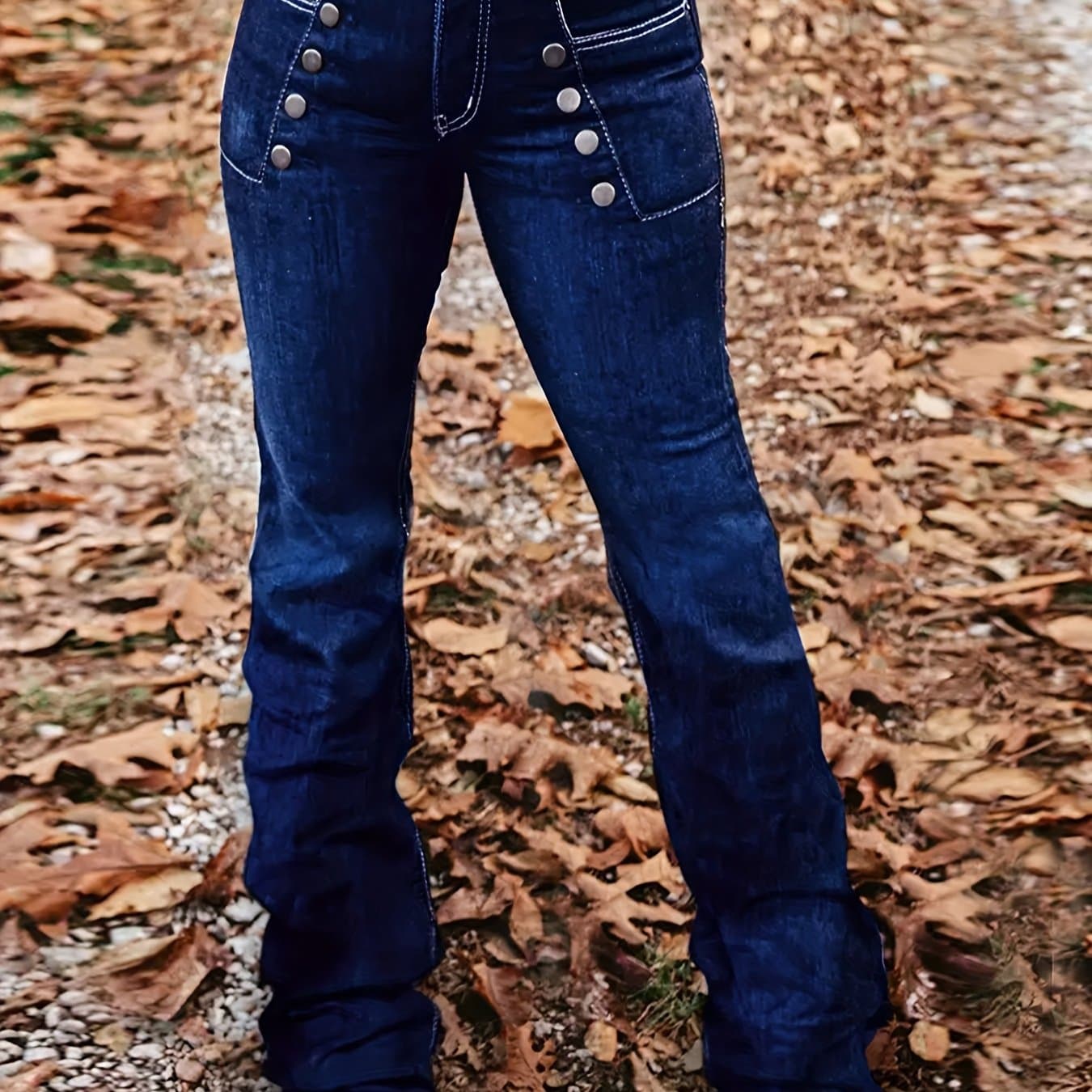 TEMU Women's Mid-high Waist Stretchable Flared Denim Pants, Dark Blue, Detail, Fit - Casual To Semi-formal Wear, Casual Denim Wear|flared Jeans|