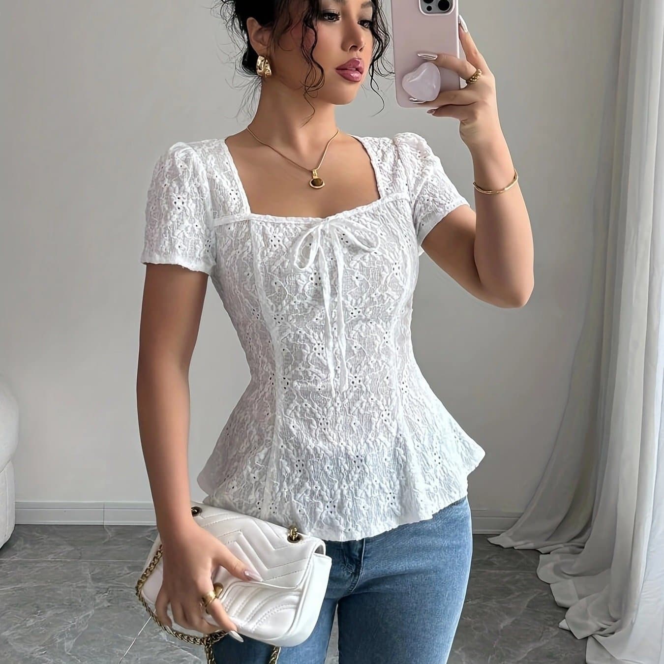 TEMU Women's Commuter Elegant Solid Color Hollow Embroidery T-shirt, Summer New Arrival