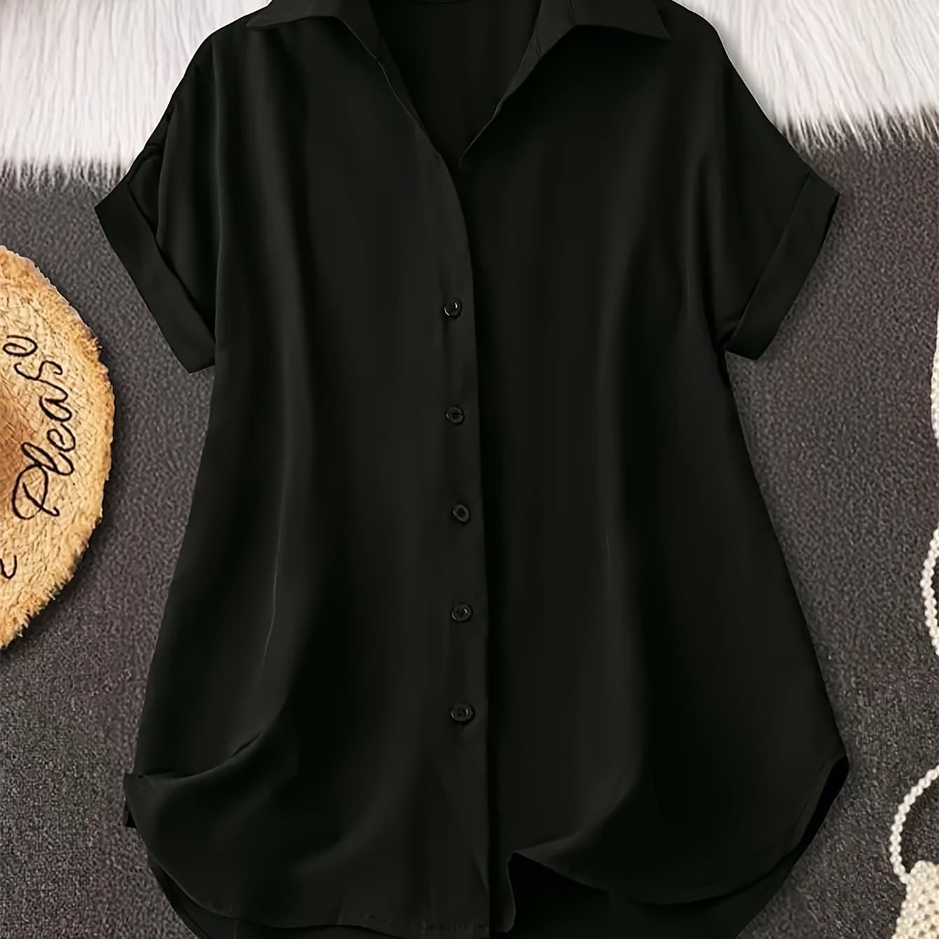 TEMU Women's Elegant V-neck Shirt Solid Color Short Sleeve Button-up Shirt